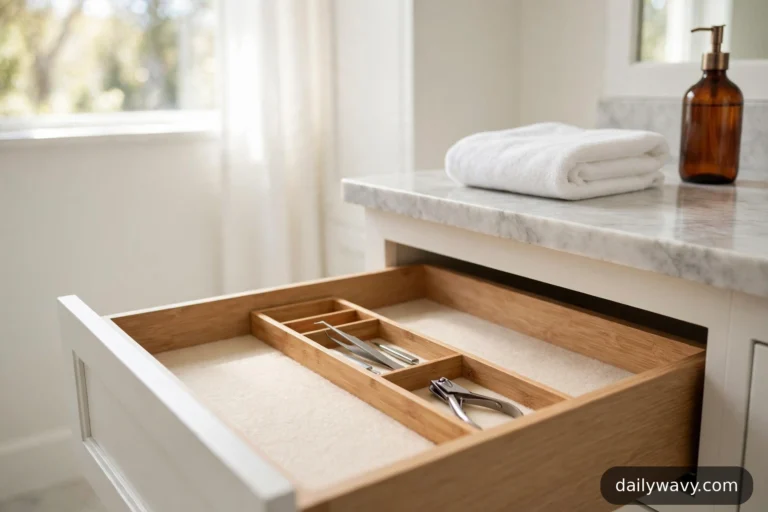 A wide view of an open bathroom vanity drawer shows a bamboo divider tray holding tweezers and a nail clipper, with a folded white towel and an amber soap pump on the marble countertop above.