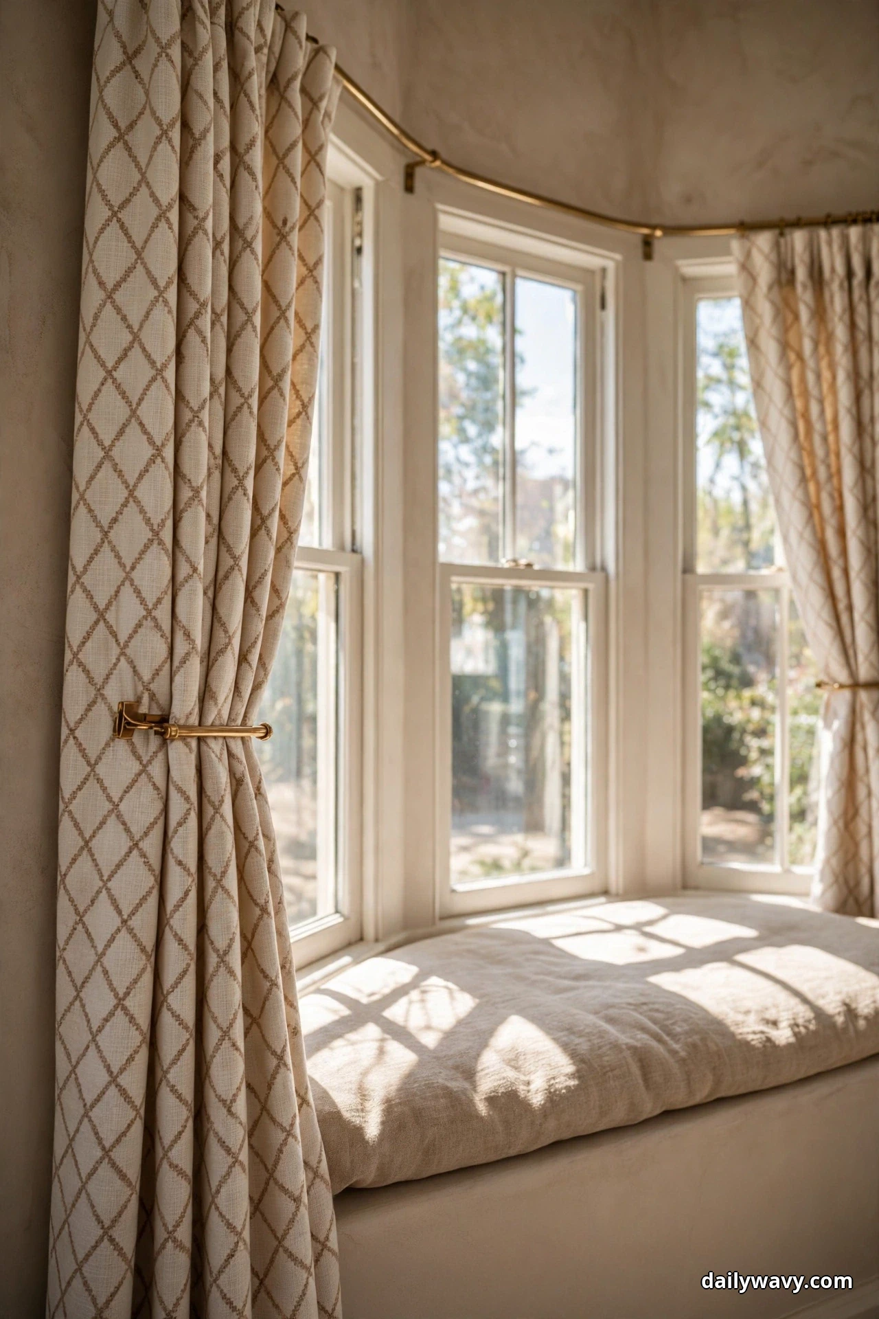A closer view shows a cream curtain with a warm taupe diamond lattice print held back by a brass holdback arm on a brass curved bay rod, with sunlight casting lattice shadows across a plain window seat cushion below tall sash windows