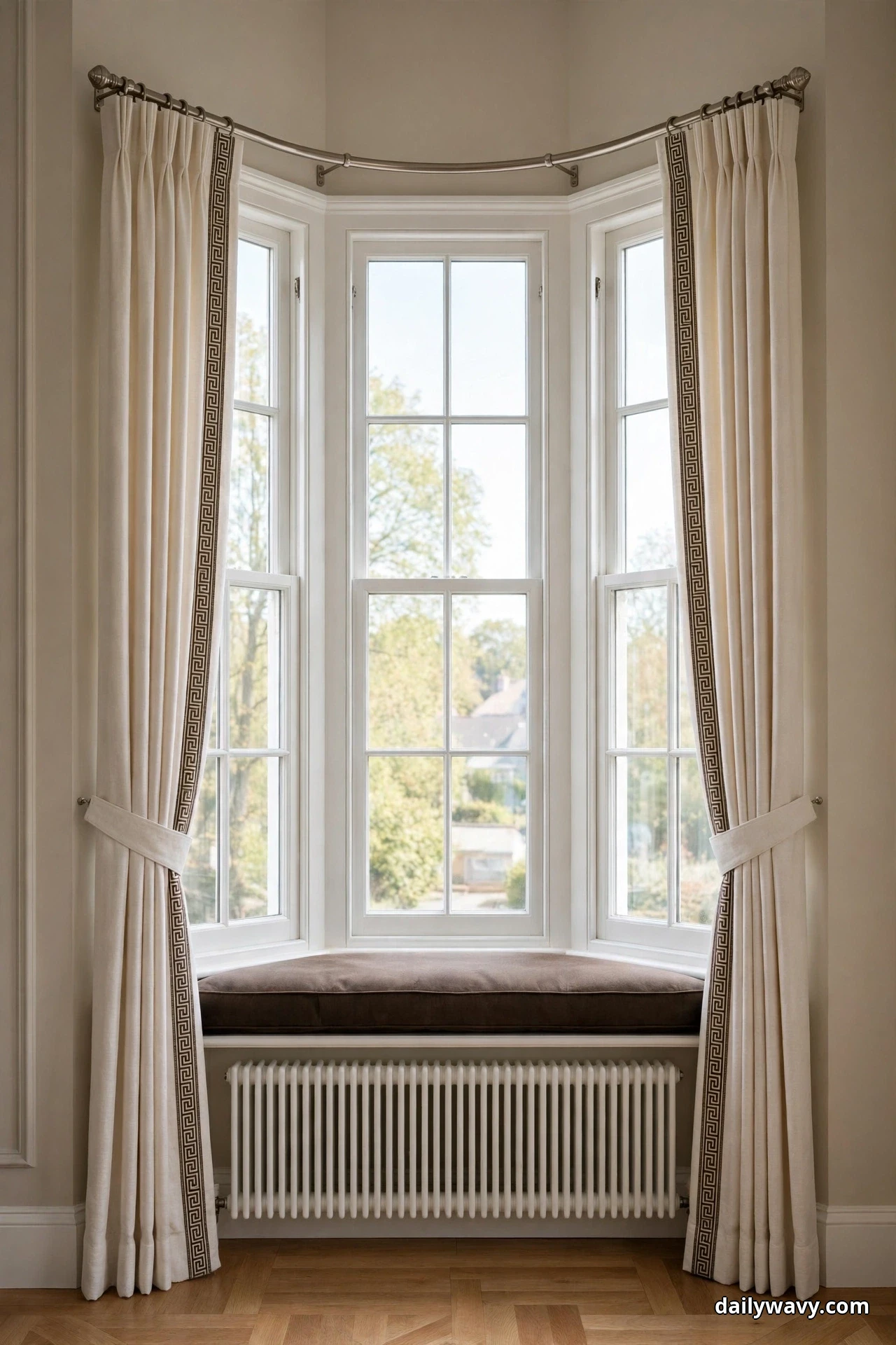 Ivory panels with a dark espresso Greek key trim band down each leading edge hang from a brushed nickel curved bay rod and are tied back at the sides of a bay window, above a dark brown window seat cushion with a white radiator below it