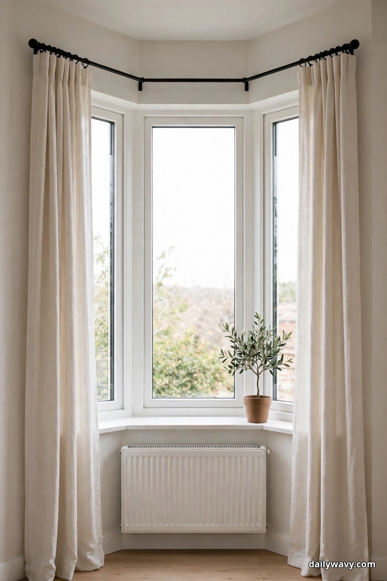 Plain warm white panels hang from black clip rings on a slim black angled bay rod across a three-section bay window, with a small potted olive tree in a terracotta pot on the sill and a white radiator below the sill