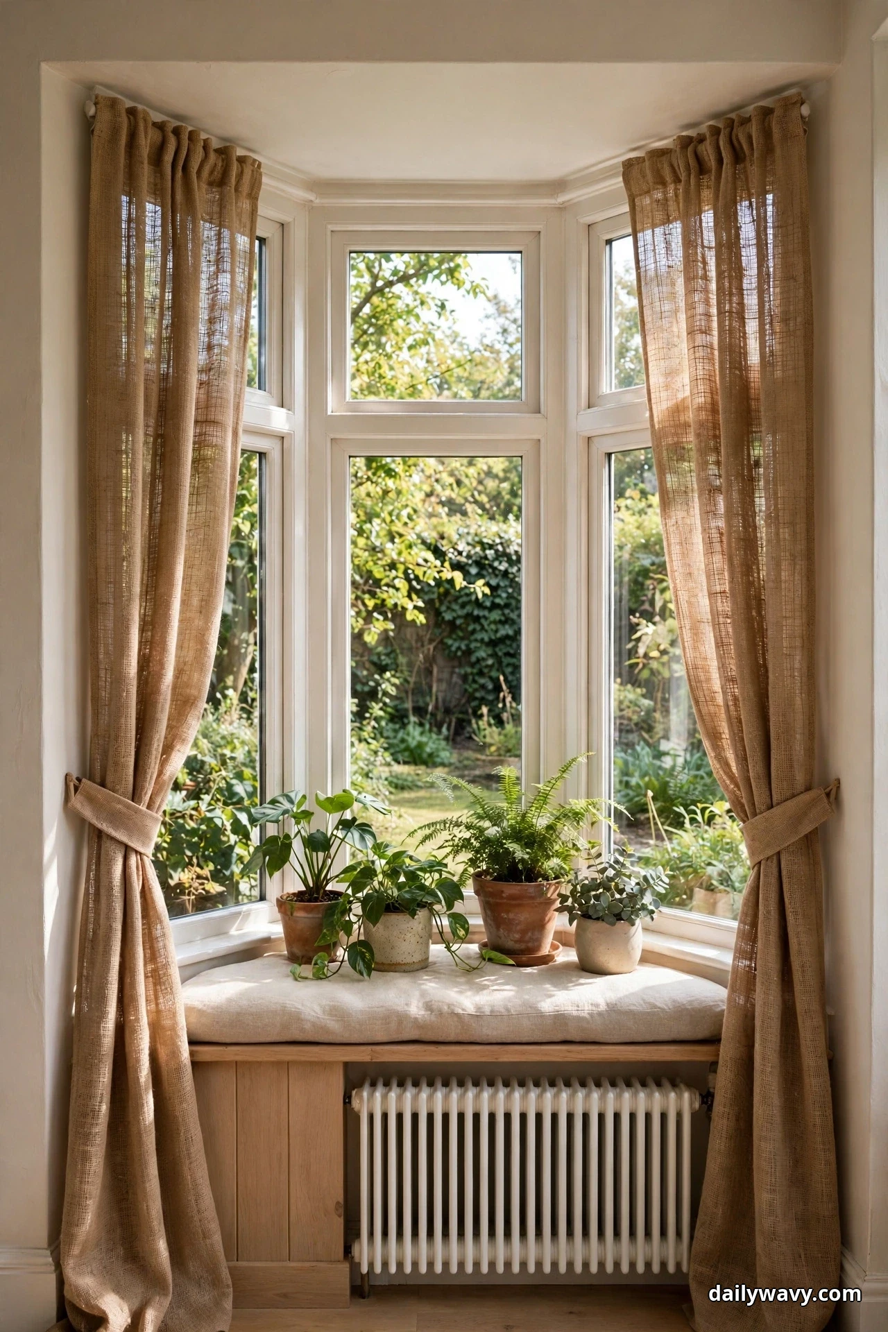 Warm sand woven jute look curtains are tied back with wide fabric sashes at the sides of a garden-facing bay window, with potted ferns and leafy houseplants on the cushioned window seat and a white radiator below it