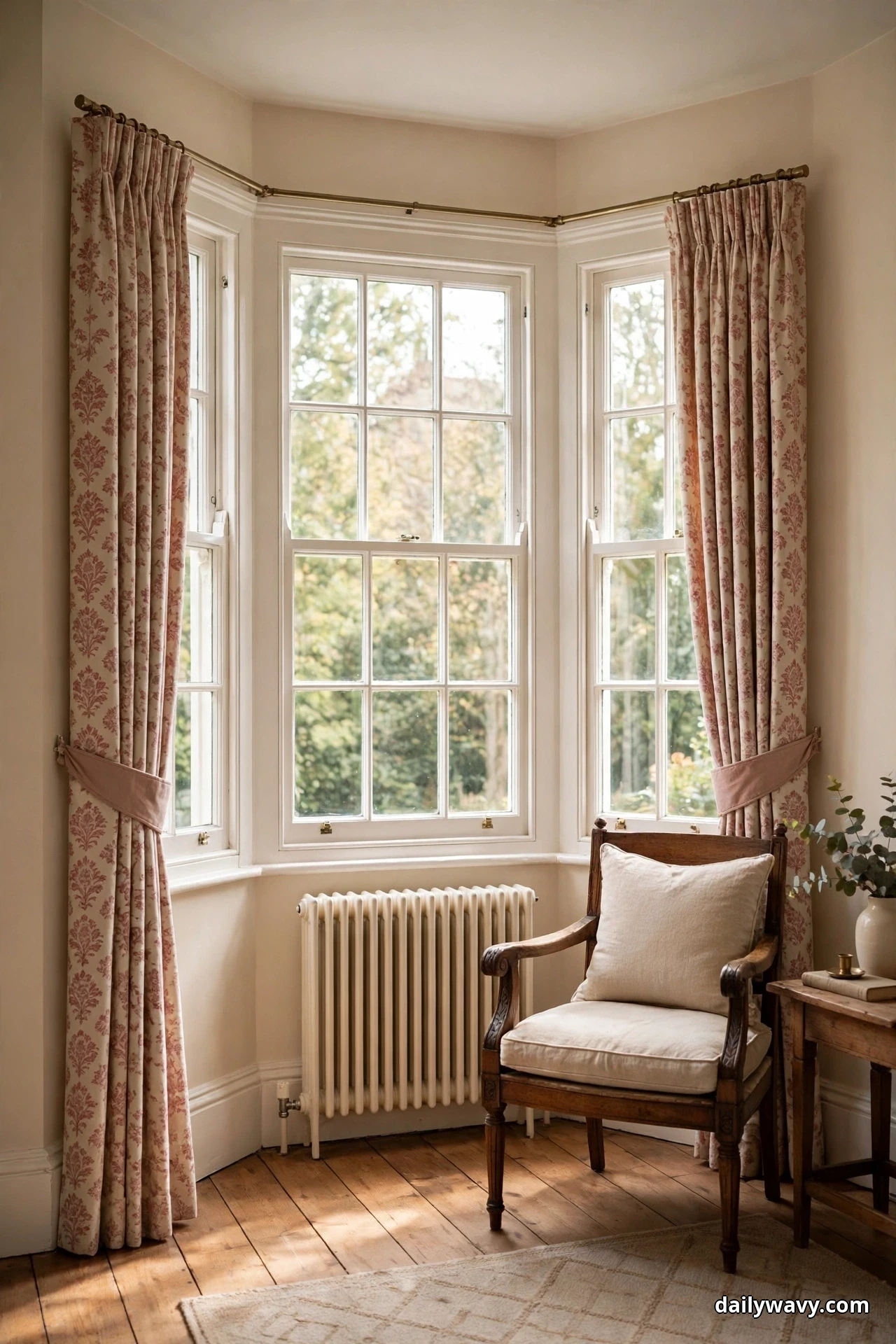 Full length curtains in a faded dusty rose damask print on cream hang from a brass angled bay rod and are tied back with dusty pink fabric sashes, beside an antique wooden armchair with a plain cream cushion in a traditional sitting room