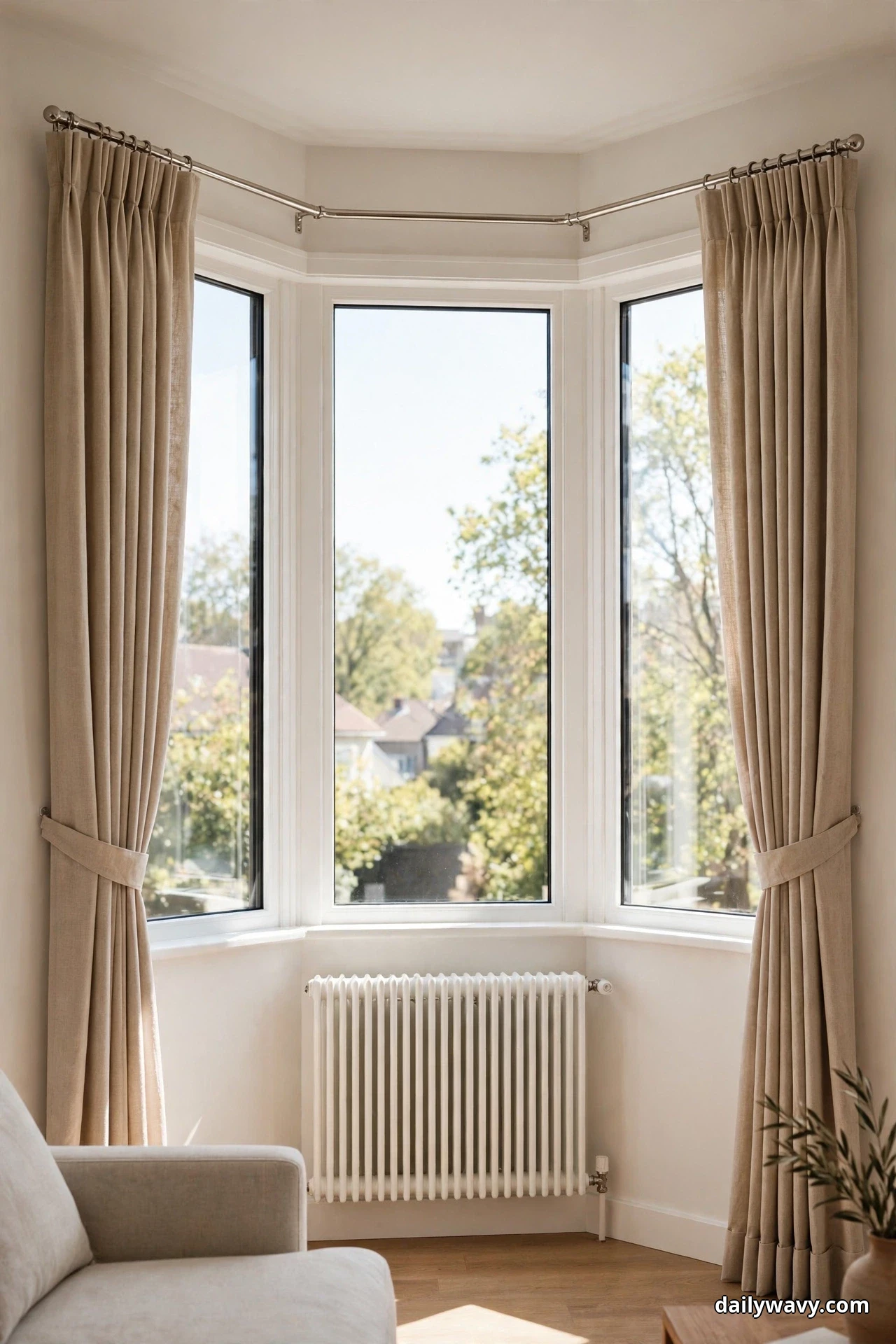 Warm greige linen look panels fall in crisp even pleats from a polished nickel angled bay rod and are held by fabric tiebacks at the sides of a modern bay window, above a white radiator under the center window