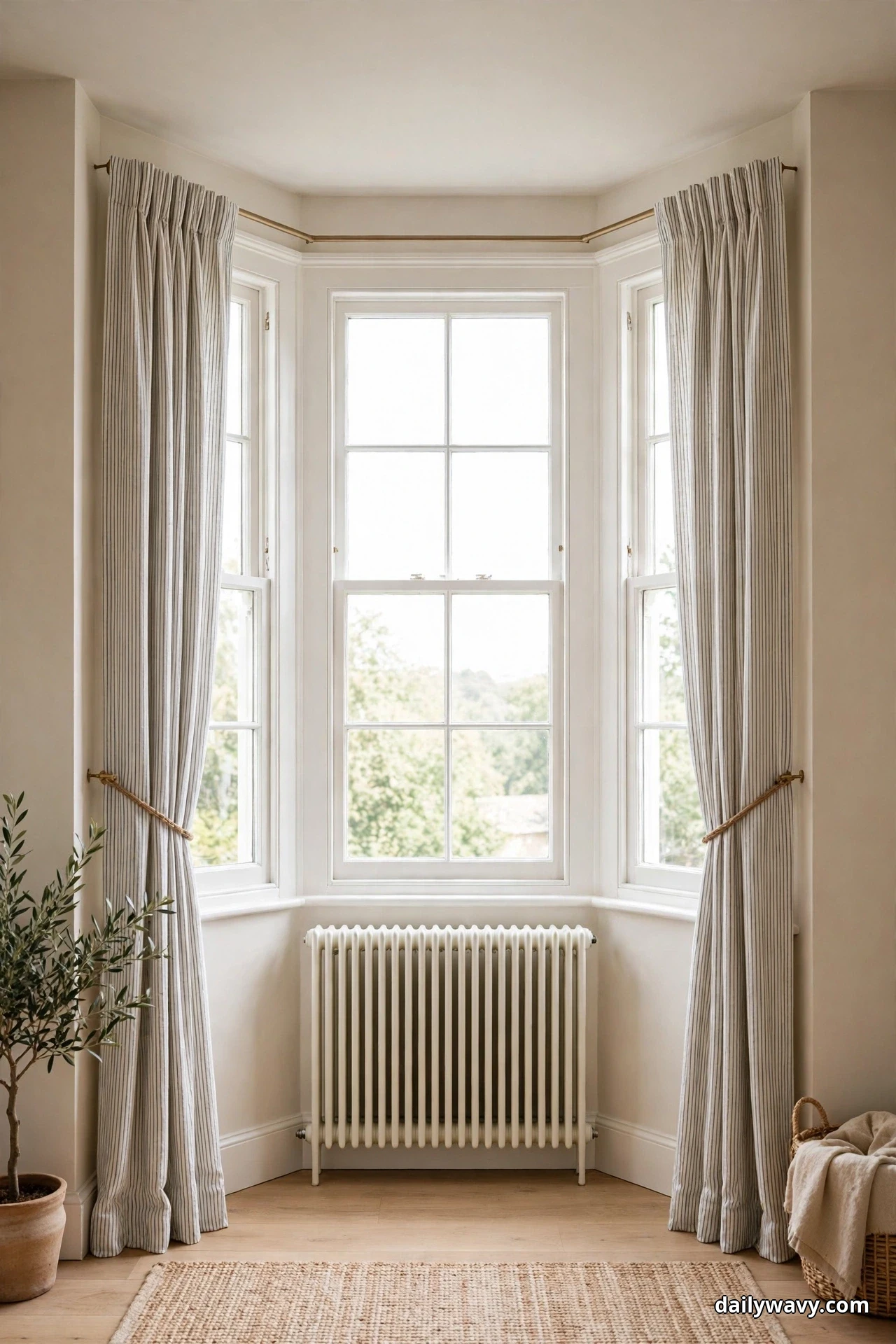 Ivory curtains with fine gray pinstripes hang high near the ceiling on a slim brass bay rod and are tied back with slim rope ties, their stripes running unbroken to the floor beside a white radiator under the center window