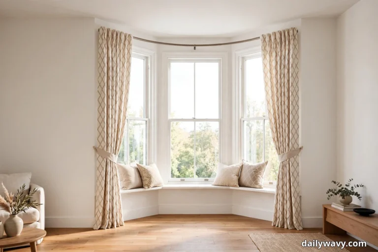 A wide view shows cream curtains with a warm taupe diamond lattice print hanging from a curved bay rod and tied back with fabric sashes at the sides of a three-section bay window, above a window seat with plain and lattice cushions in a bright living room