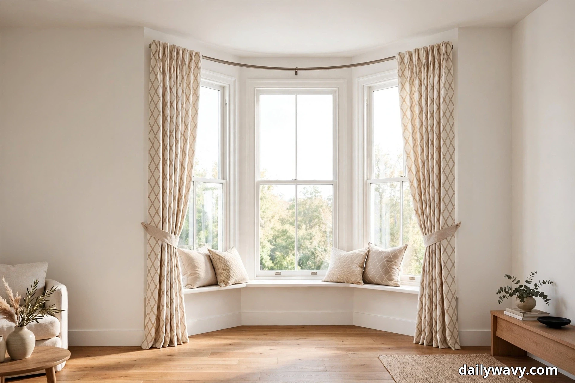 A wide view shows cream curtains with a warm taupe diamond lattice print hanging from a curved bay rod and tied back with fabric sashes at the sides of a three-section bay window, above a window seat with plain and lattice cushions in a bright living room