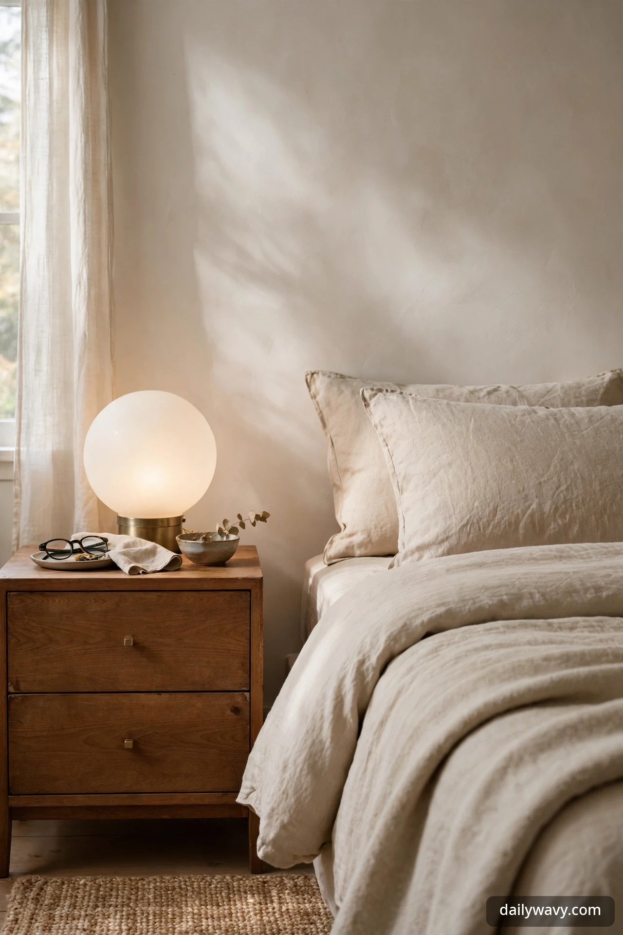 Close-up of a glowing frosted globe lamp on a wooden nightstand beside a bed with rumpled linen bedding, with reading glasses, a folded cloth, and a small bowl of eucalyptus.