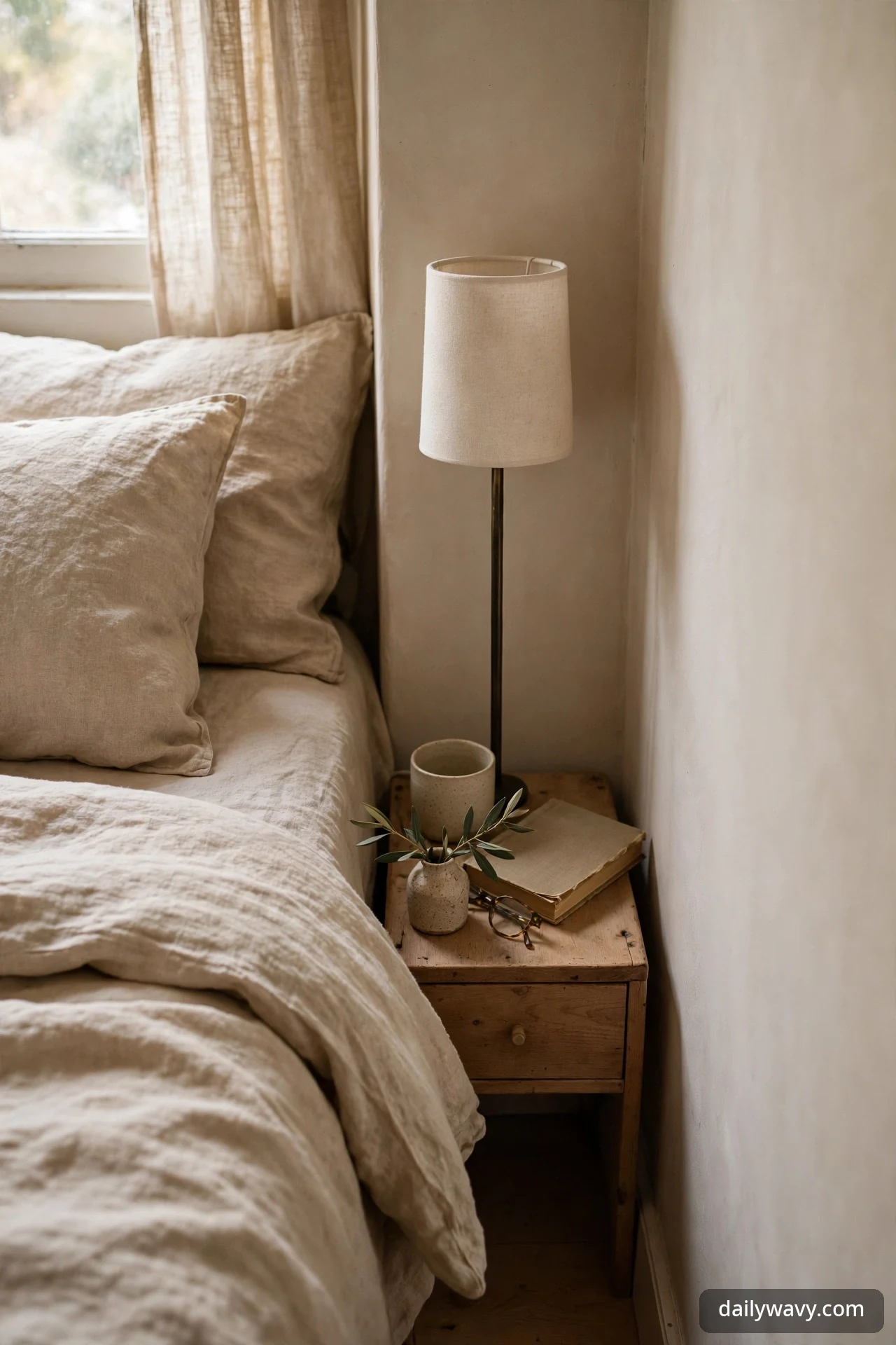 A slim vertical lamp with a linen tube shade on a small wooden nightstand squeezed between a bed and a wall, styled with a book, reading glasses, and a small vase of olive sprigs.