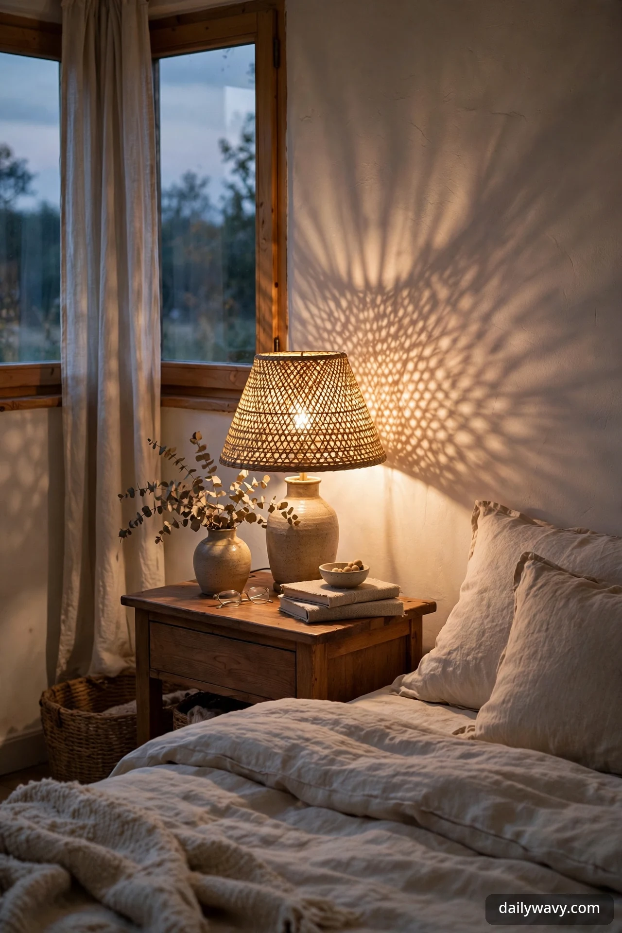 A woven rattan shade table lamp casting a dappled light pattern across a bedroom wall at dusk, on a wooden nightstand beside a bed with stacked books, reading glasses, and a vase of eucalyptus.