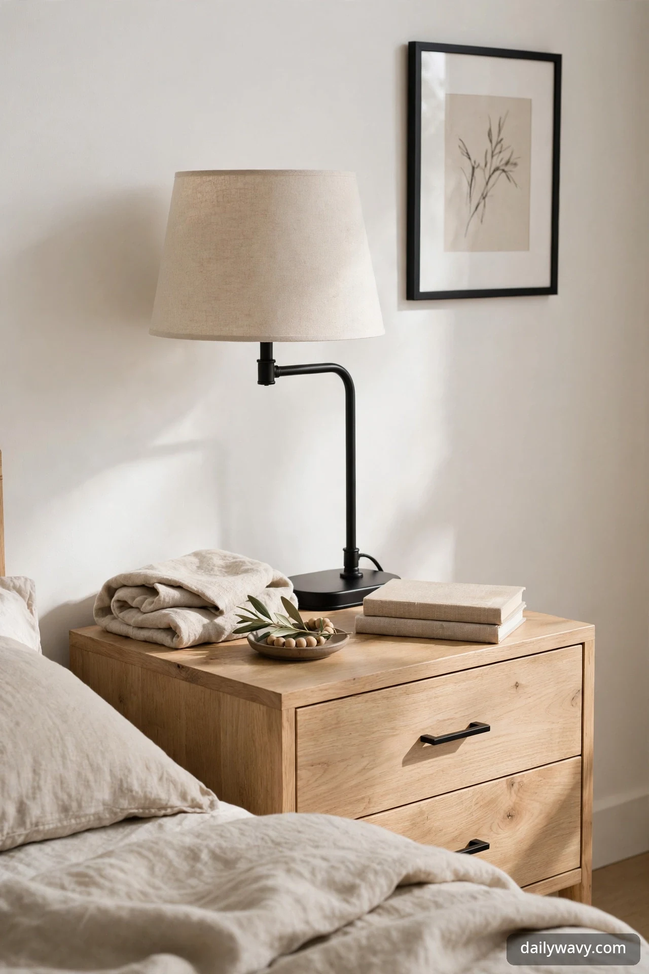 A matte black arm lamp with a neutral linen tapered shade on a light-wood nightstand against a white wall with a black-framed botanical print.