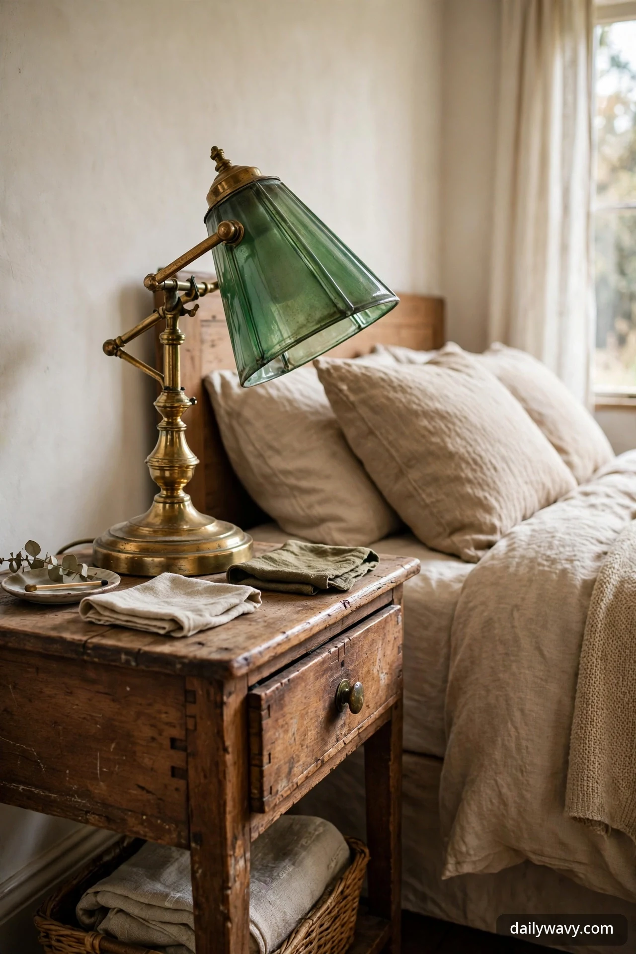 A vintage-style brass swing-arm lamp with a ribbed green glass tapered shade tilted toward the bed, on a rustic wooden nightstand.