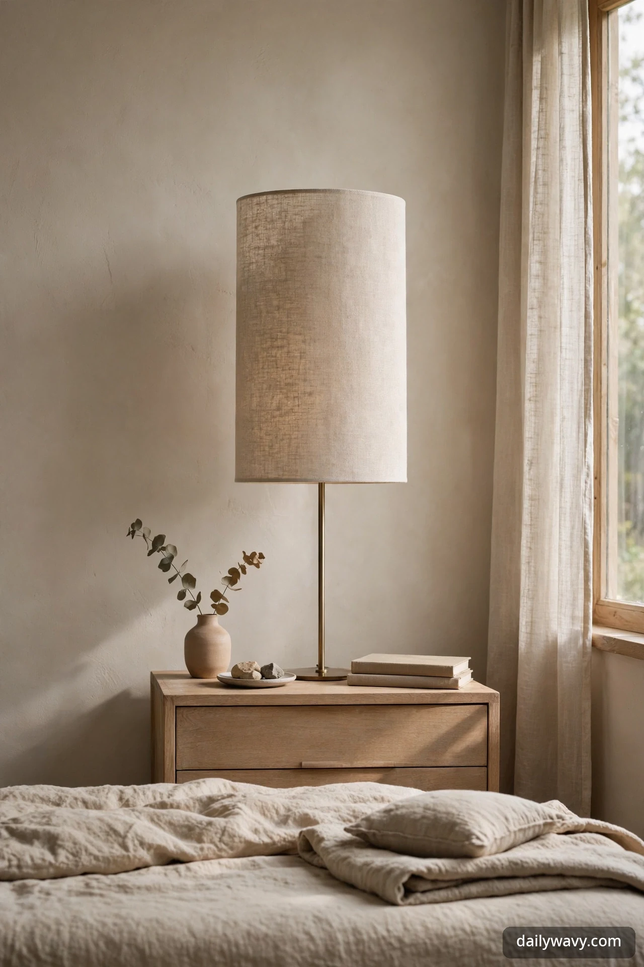 A tall cylindrical linen shade on a slim brass stem bedside lamp on a light-wood nightstand beside stacked books, a small vase of dried eucalyptus, and a stone dish.