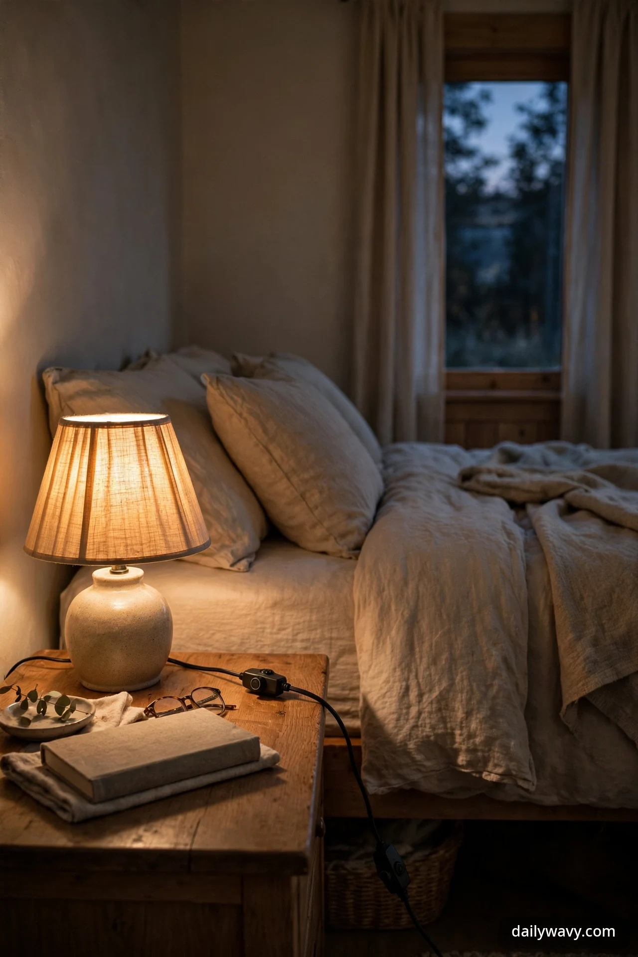 A pleated-shade bedside lamp glowing softly at night with an inline cord dimmer on the cord, beside a bed with rumpled linen bedding, a book, and reading glasses.