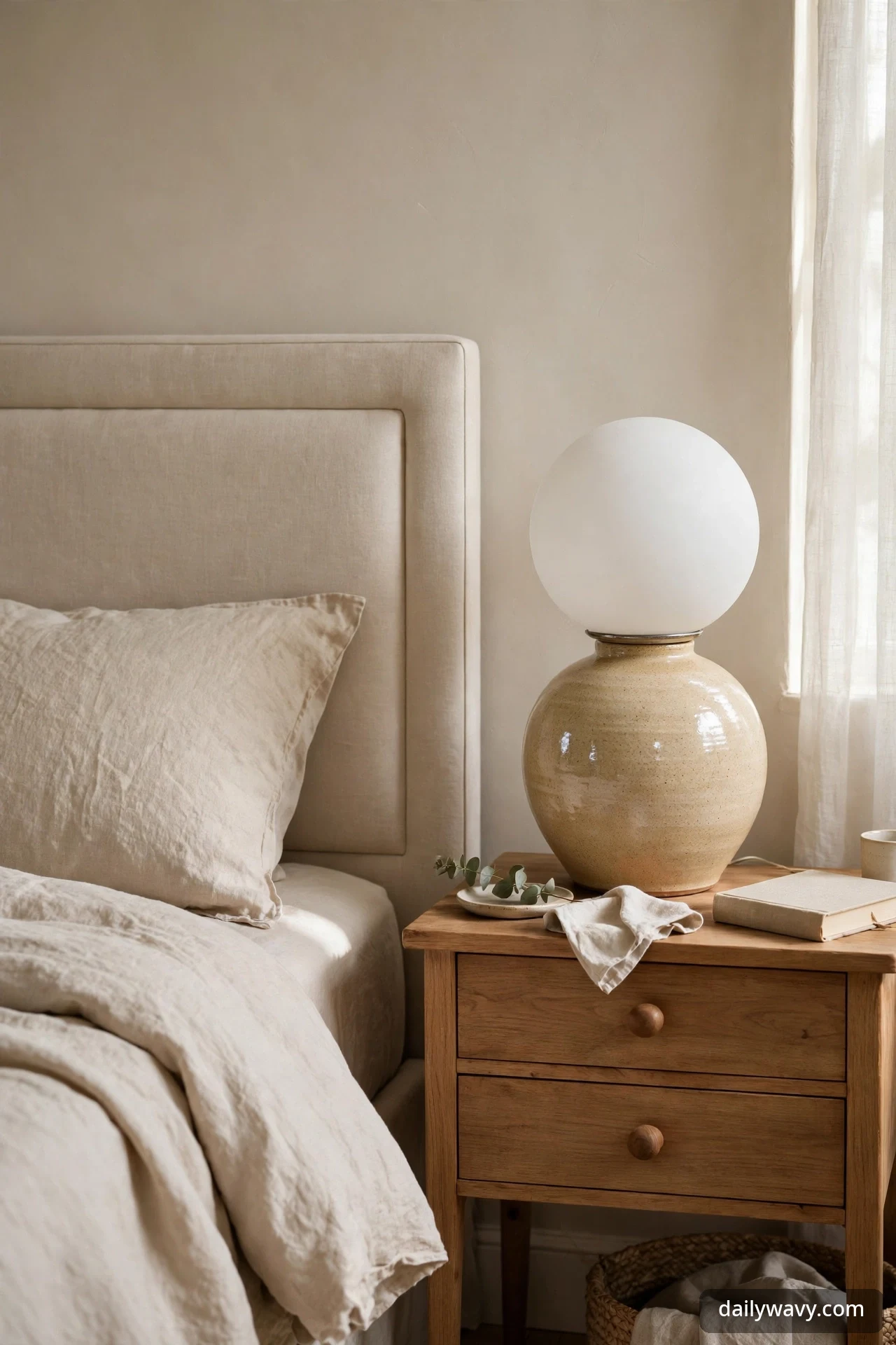 A rounded glazed ceramic urn base with a frosted white globe shade on a wooden nightstand beside a bed with an upholstered headboard, with a small dish of eucalyptus and a book.