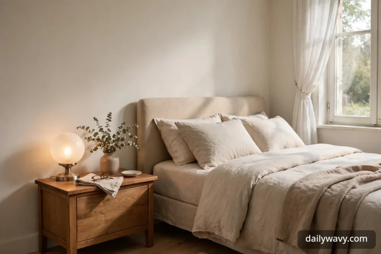 Wide view of a calm bedroom with a glowing frosted globe lamp on a wooden nightstand beside a bed with linen bedding, a stoneware vase with eucalyptus, and reading glasses on a folded cloth.
