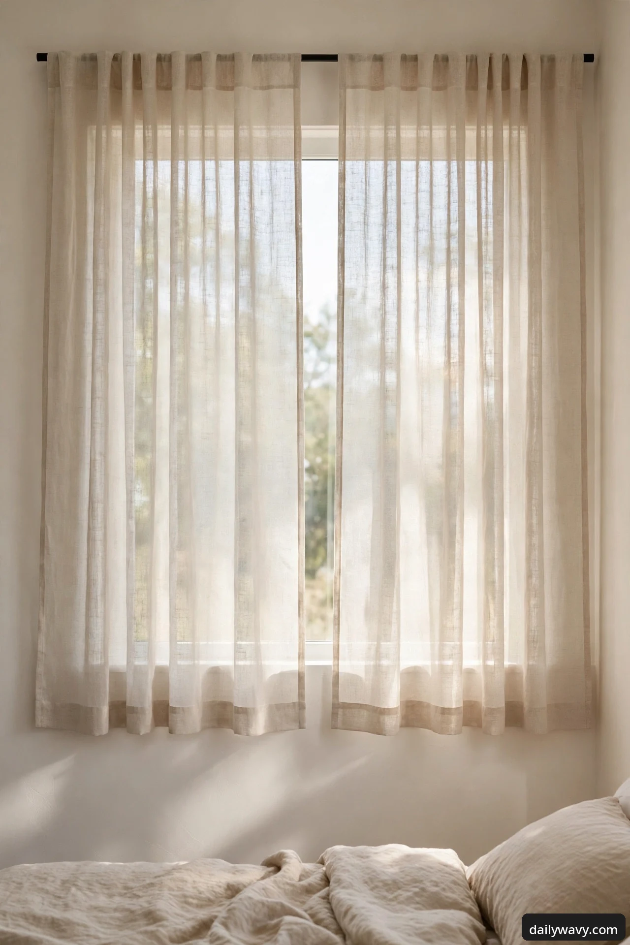 Close-up of sheer natural linen curtain panels with back tabs hanging straight on a slim black rod, with soft daylight and greenery visible through the window above a bed.