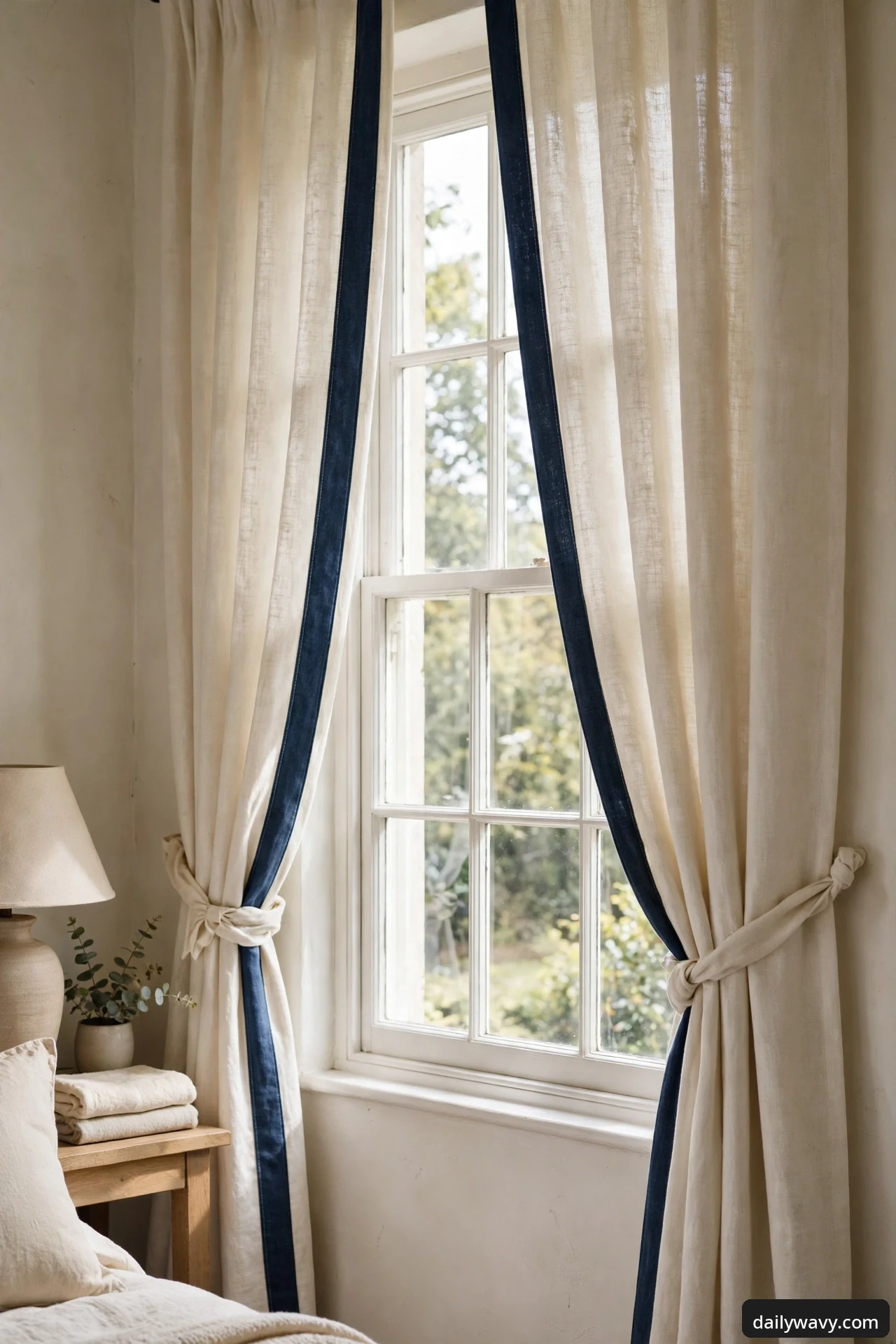 Cream linen curtains with a navy border band sewn along the leading edge, tied back to frame a bedroom window beside a bed with a lamp and folded throws on the nightstand.