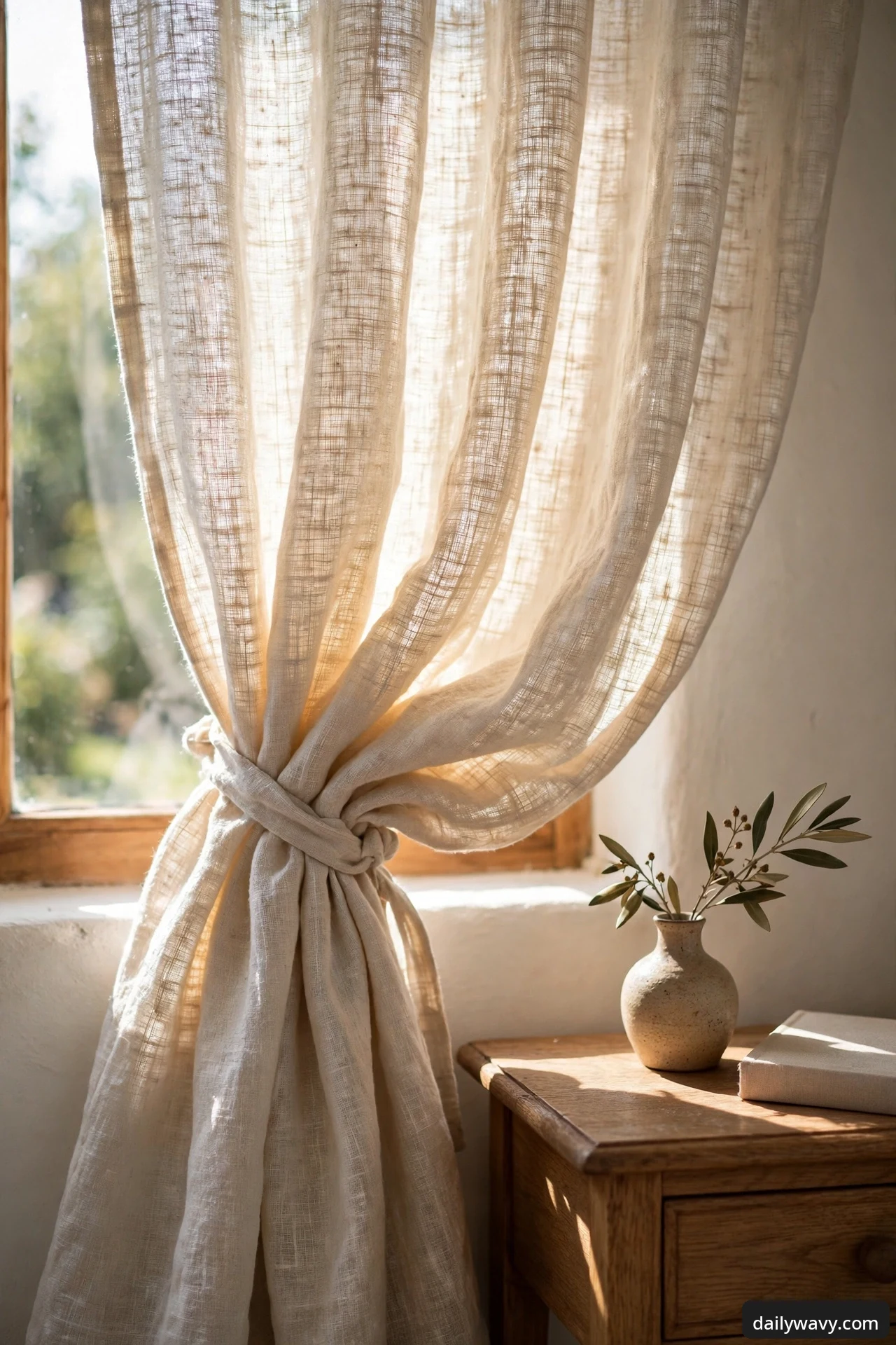 Close-up of a warm white slub linen curtain with a visible natural weave, knotted back at a wooden window frame beside a nightstand holding a speckled ceramic vase with olive stems and a book.