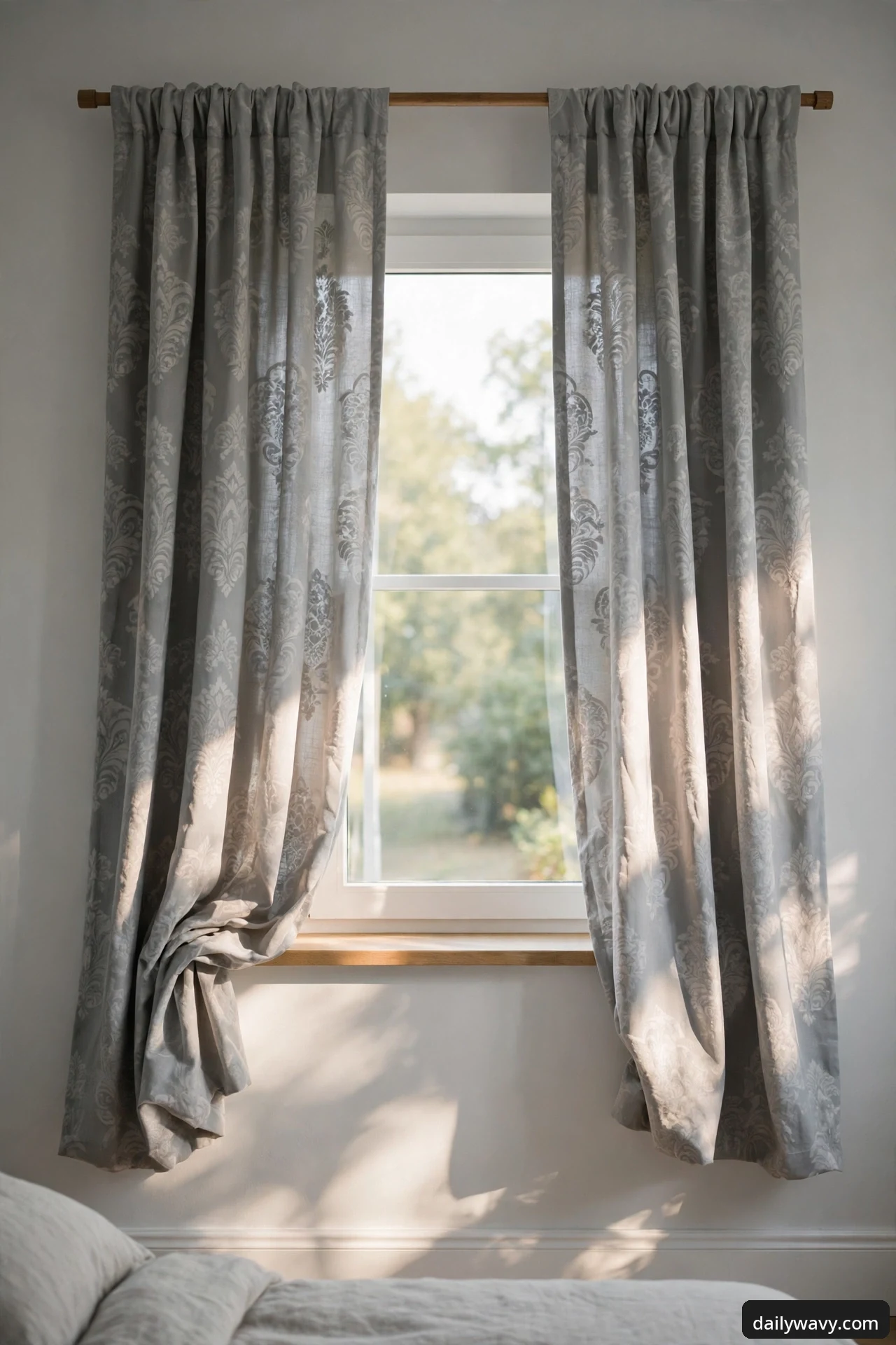 Gray-on-gray tonal damask curtains with a subtle floral pattern hanging on a wooden rod at a bedroom window above a bed.