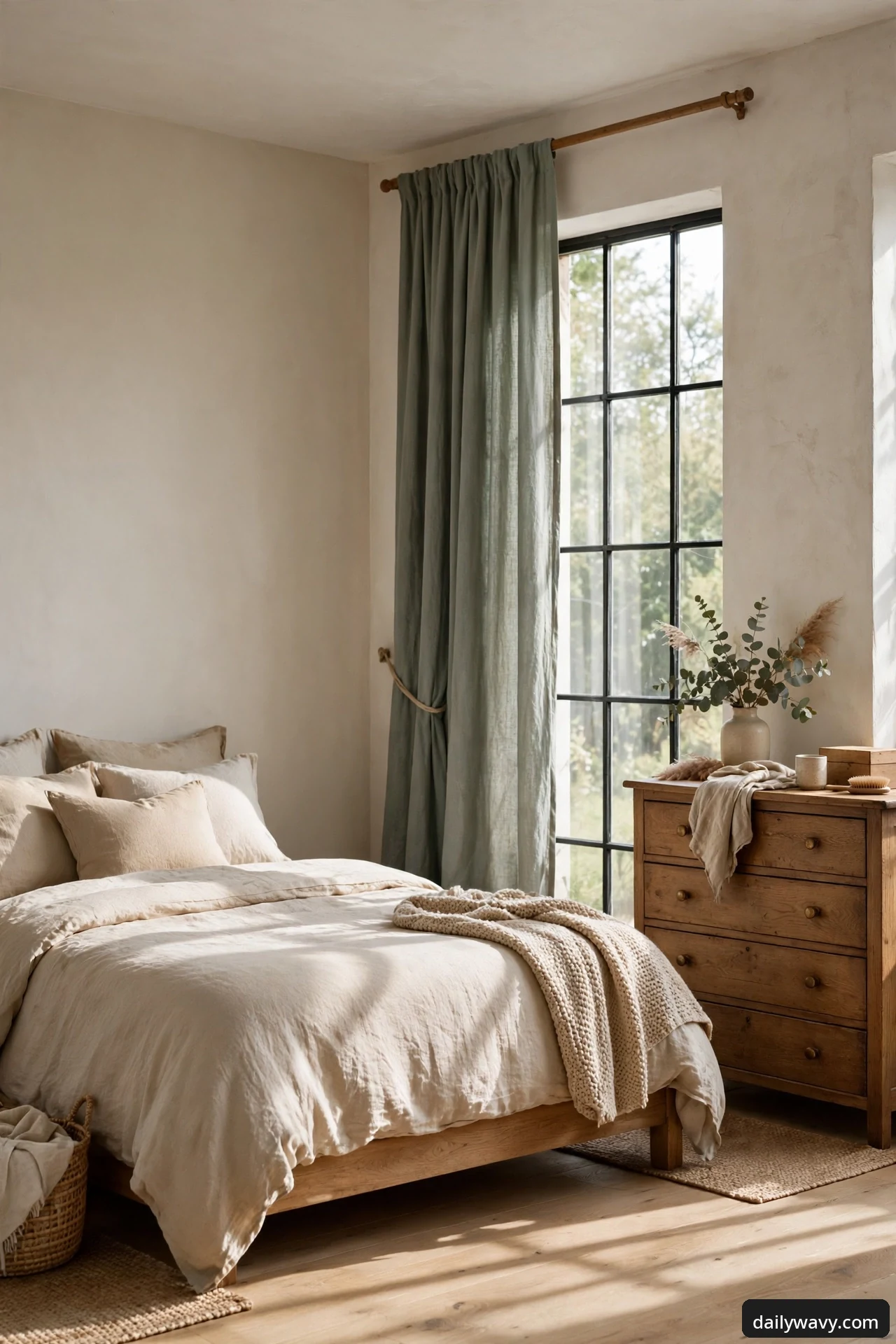 Dusty sage green linen curtains tied back beside a tall black-framed window in a calm bedroom with neutral bedding and a wooden dresser styled with eucalyptus.