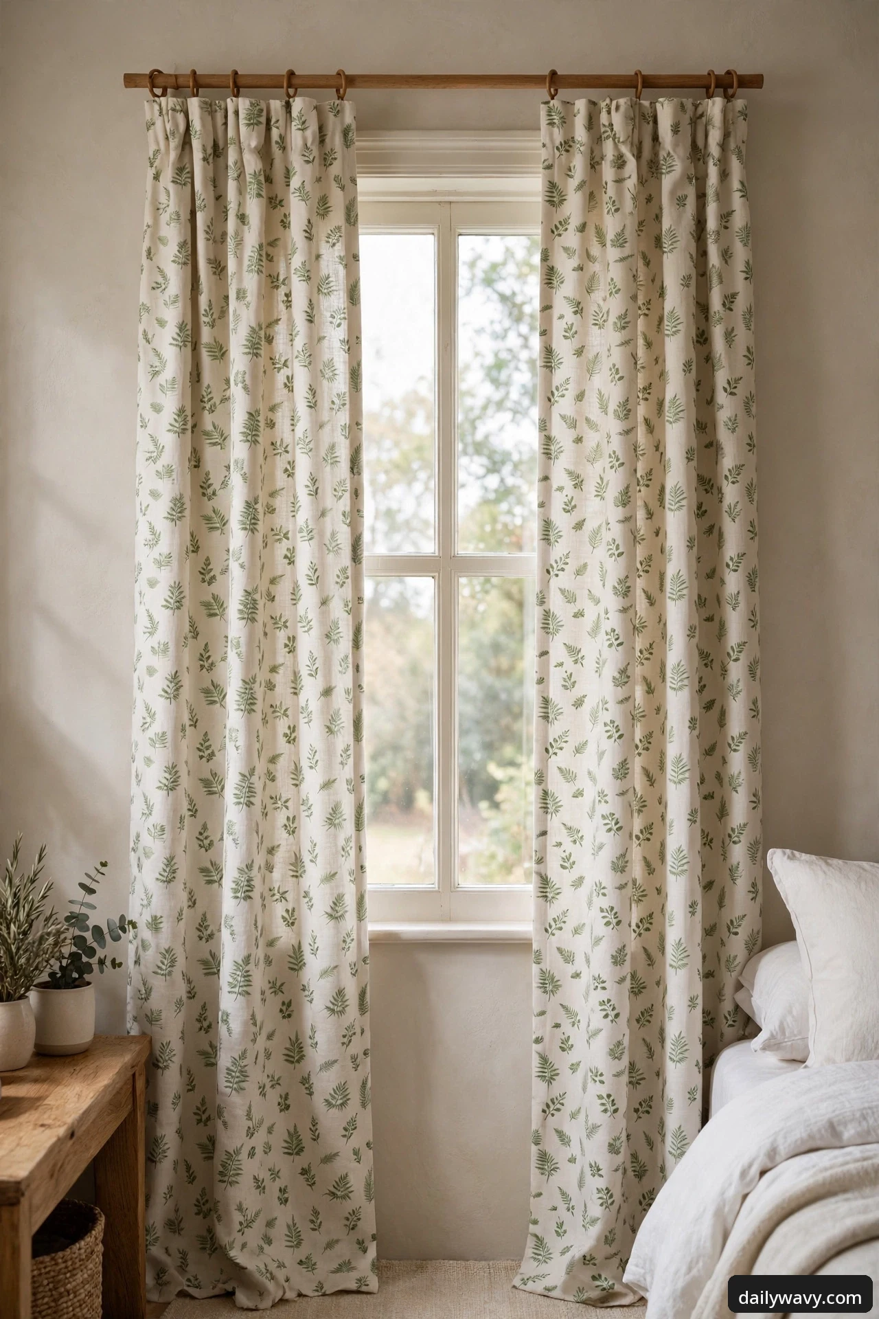 Ivory curtains with a small-scale green leaf and fern print hanging on a wooden rod with rings at a bedroom window between a nightstand with potted plants and a bed.