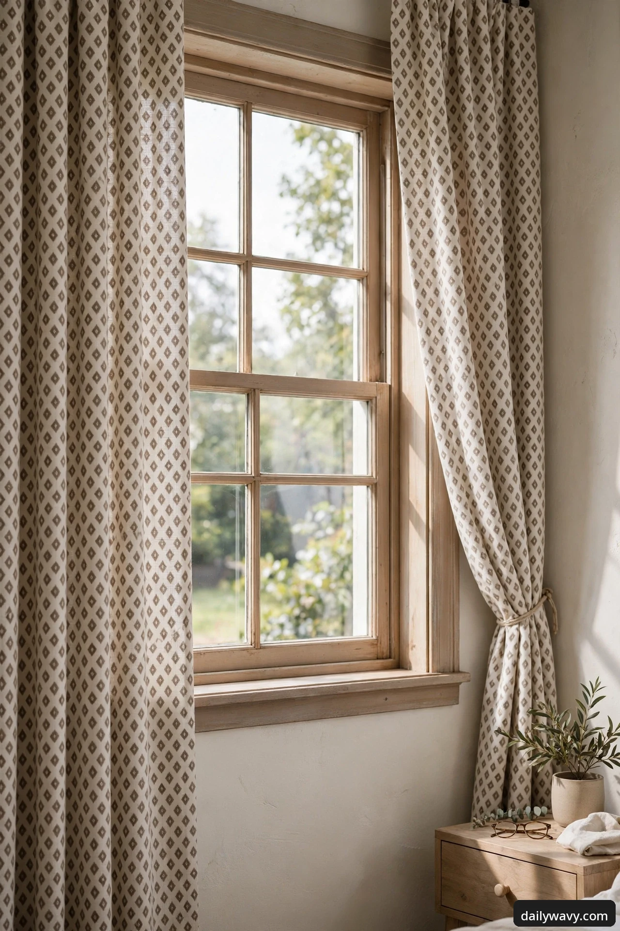 Ivory curtains with a small taupe diamond geometric repeat framing a wooden bedroom window above a nightstand with a potted olive plant and glasses.