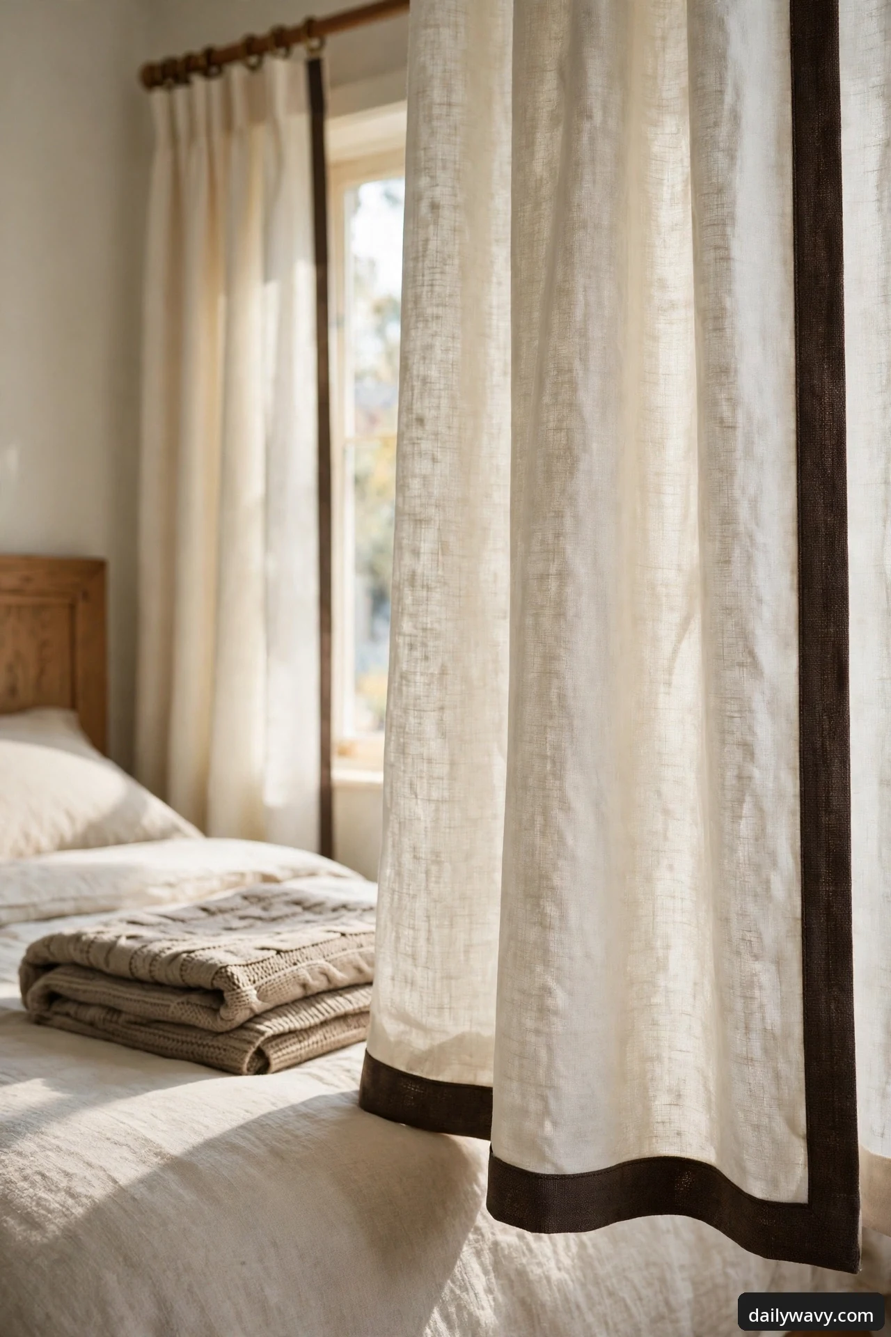 Close-up of ivory linen curtains with espresso-brown trim bands along the leading edge and bottom hem, beside a bed with a folded knit throw.
