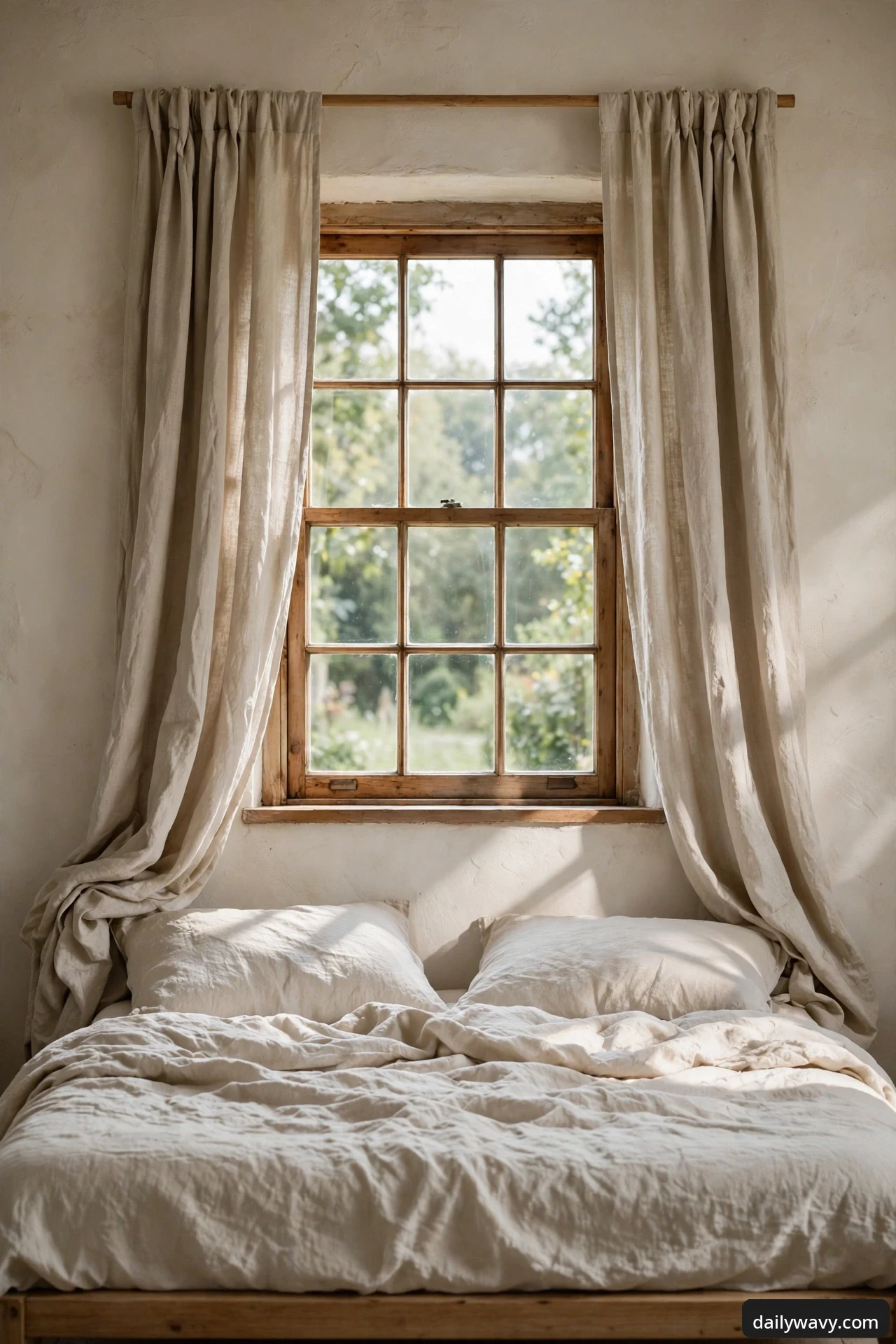 Washed oatmeal linen curtains with a soft lived-in drape hanging on a wooden rod over a rustic wooden window above a bed with rumpled neutral bedding.