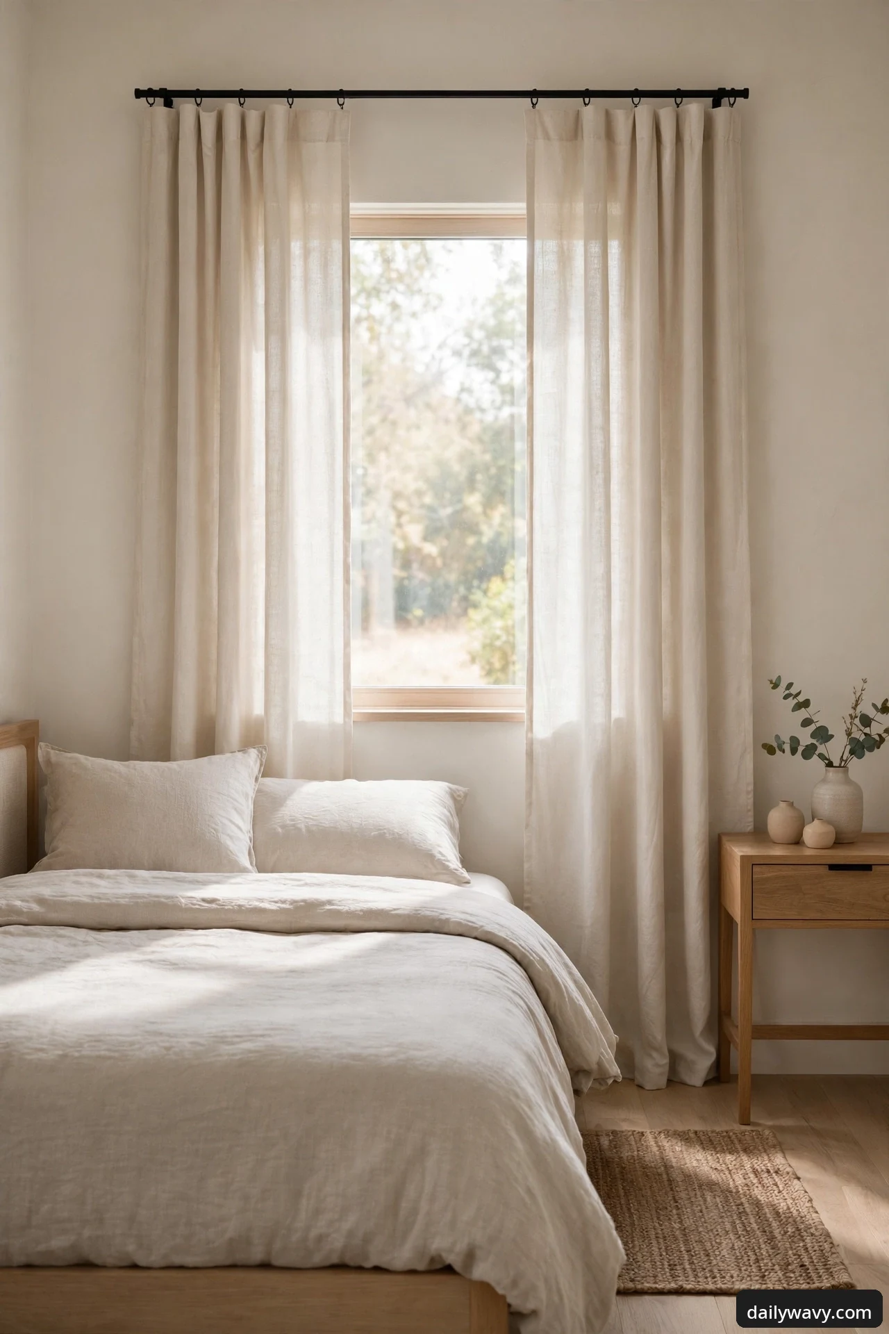 Plain warm-white linen curtains hanging in even folds on a slim matte black rod with rings at a bedroom window between a bed and a wooden nightstand.
