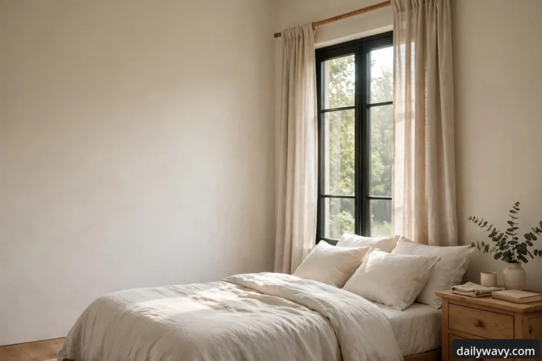 Wide view of a calm bedroom with sheer natural linen curtains framing a tall black-framed window, beside a bed dressed in white linen bedding with a wooden nightstand holding a eucalyptus sprig in a stoneware vase.