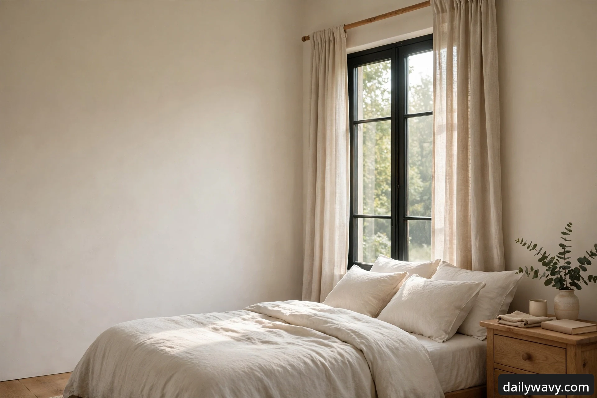 Wide view of a calm bedroom with sheer natural linen curtains framing a tall black-framed window, beside a bed dressed in white linen bedding with a wooden nightstand holding a eucalyptus sprig in a stoneware vase.