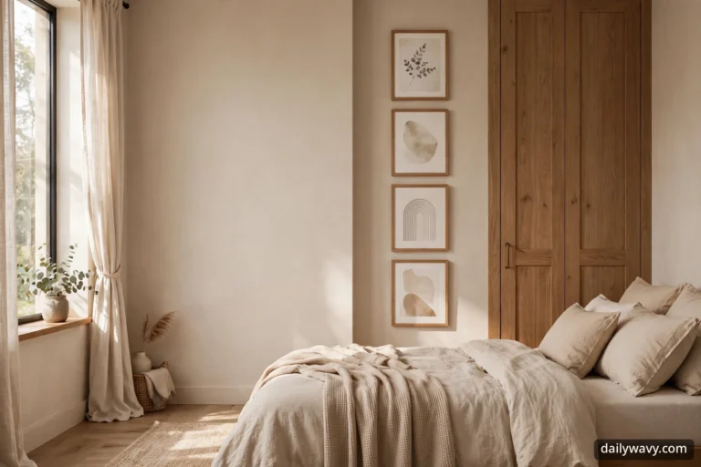 Wide view of a calm bedroom with a vertical column of four thin-wood frames holding neutral botanical and abstract prints beside a tall wooden wardrobe, next to a bed dressed in oatmeal linen bedding with a linen curtain and potted eucalyptus on the window sill.