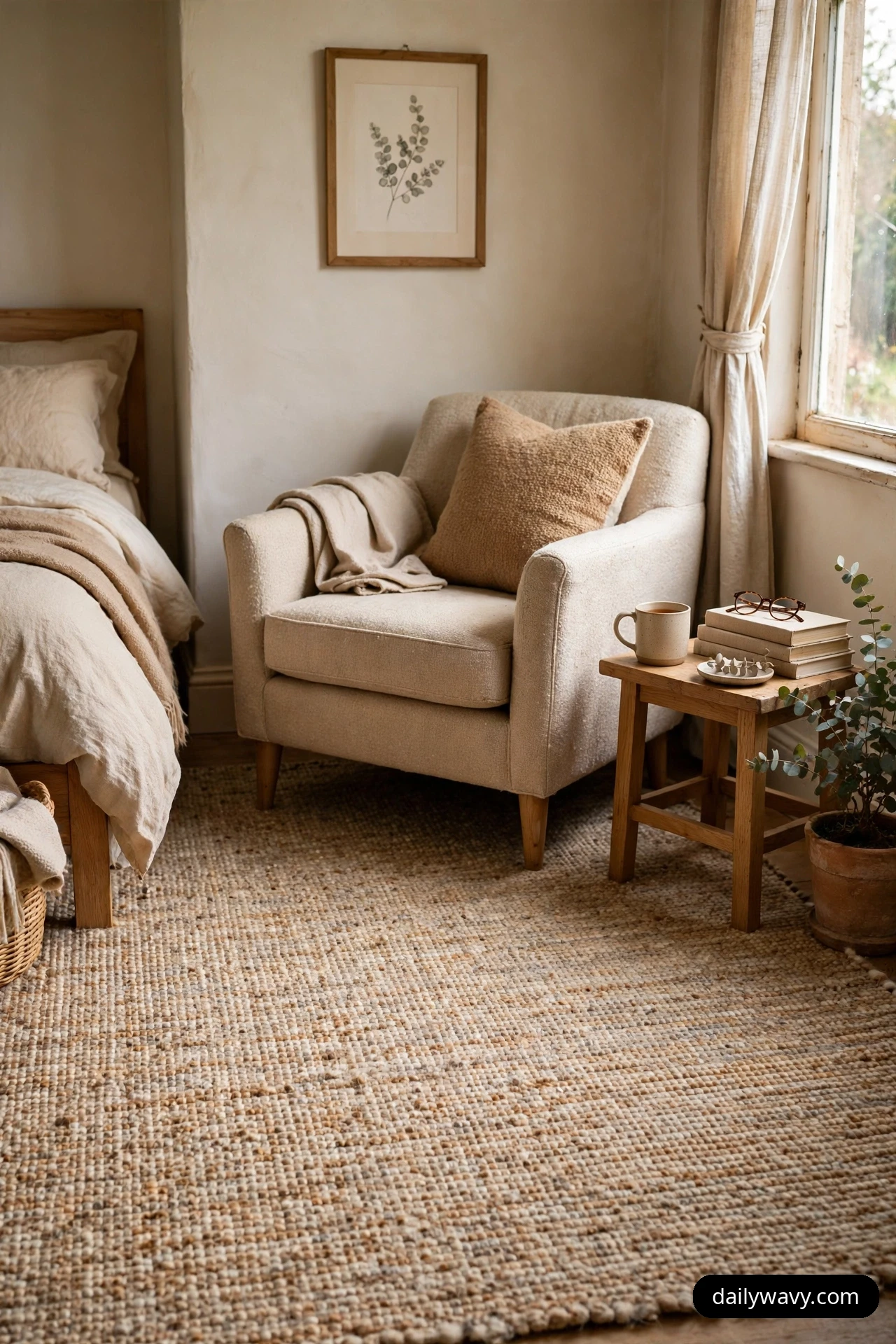 A thick textured rug in warm neutrals covers the floor beneath a reading armchair and a small wooden side table in a bedroom corner.