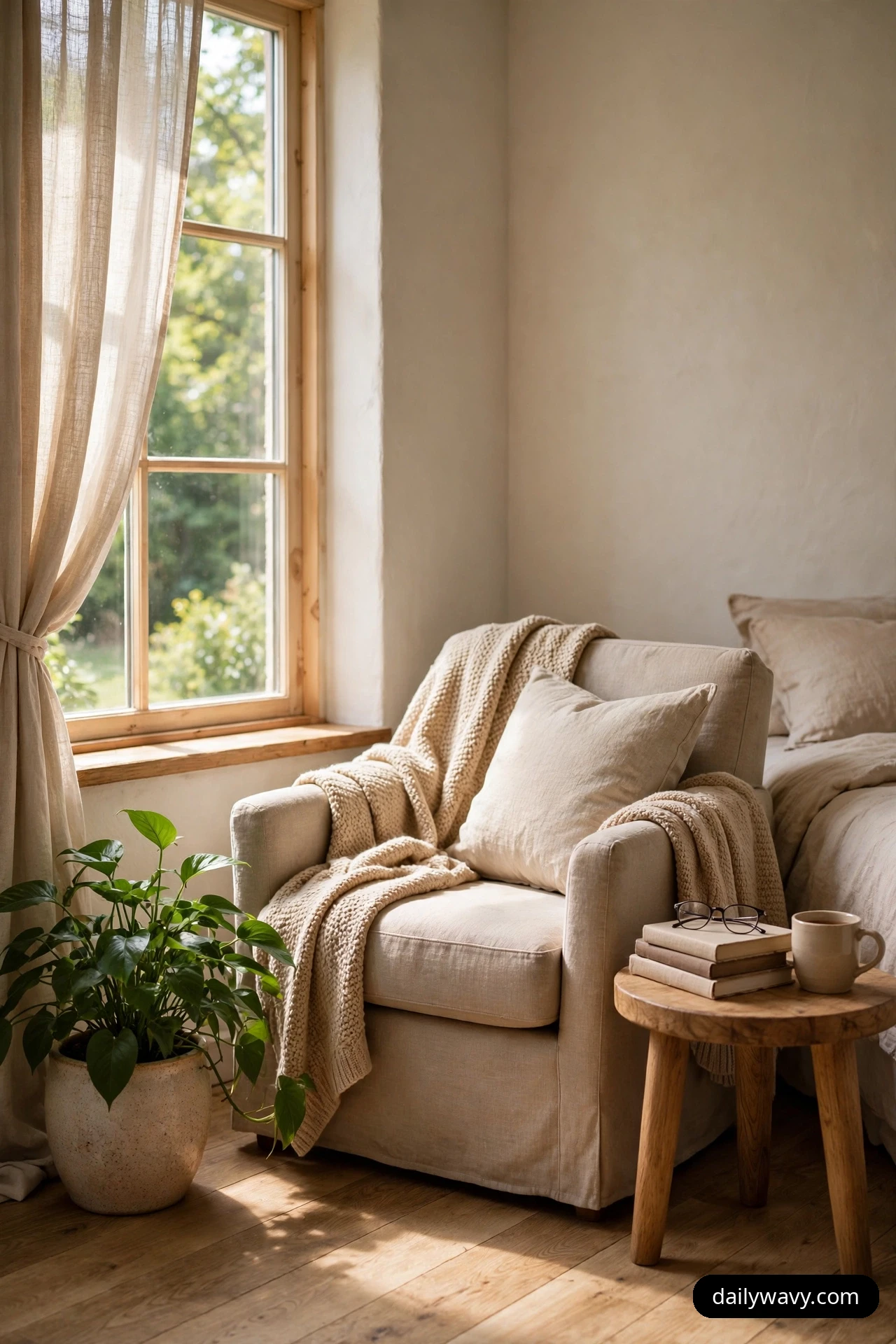 A leafy green plant in a speckled ceramic pot sits on the floor beside a linen reading chair near a tall sunlit window.