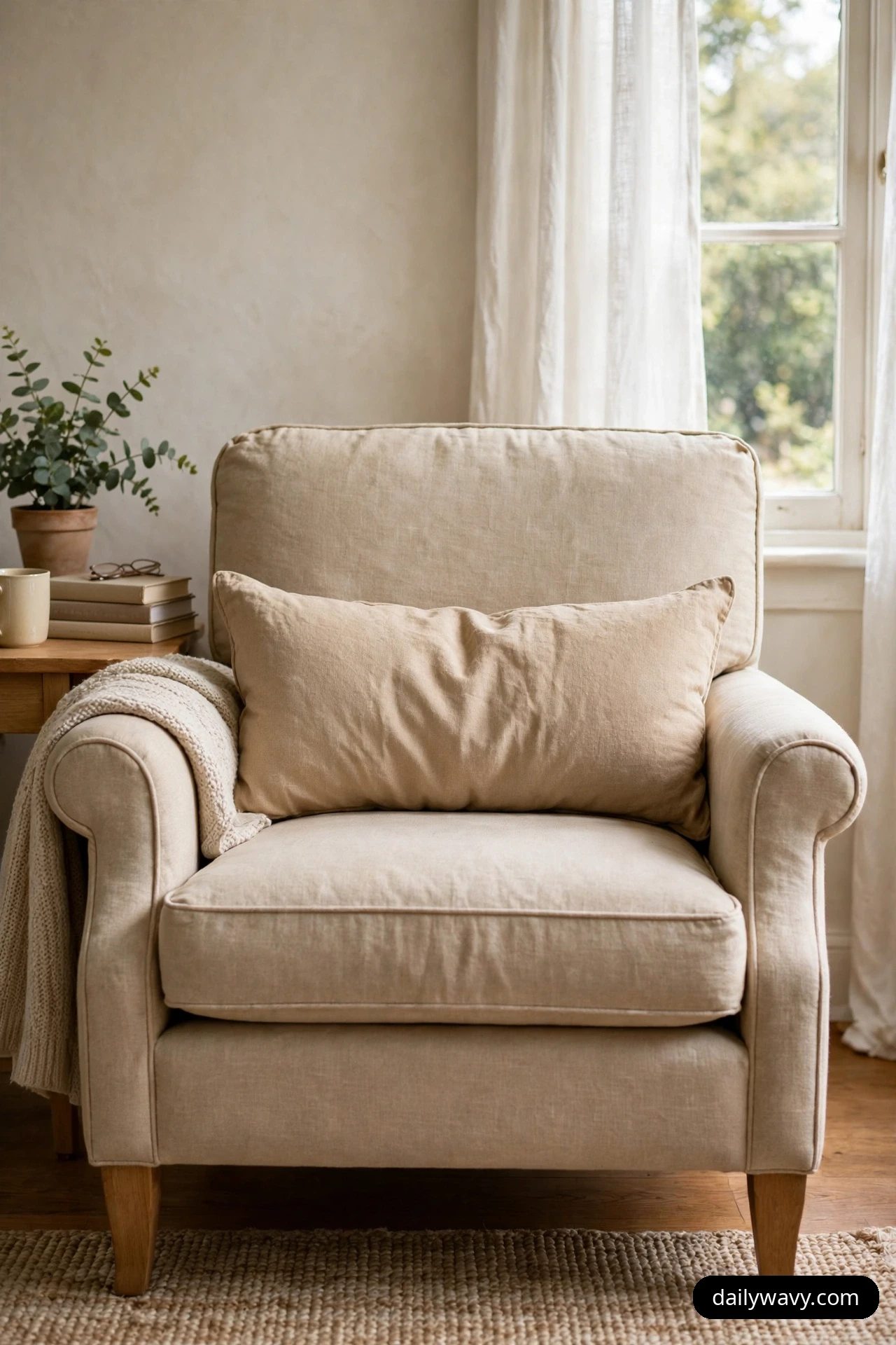A long beige lumbar cushion rests against the back of a linen reading armchair beside a window.