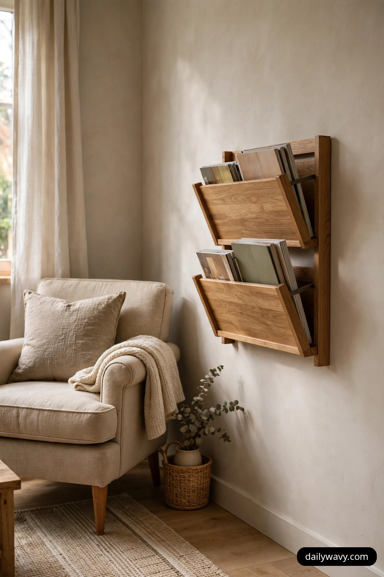 A two-tier wooden magazine rack mounted on the wall holds magazines upright beside a reading chair.