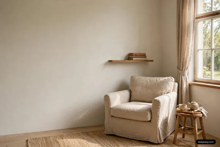 A wide view of a bedroom reading corner shows a linen armchair beside a tall window, with a narrow wooden wall shelf holding a small stack of books above it and a wooden stool with a tea tray at its side.