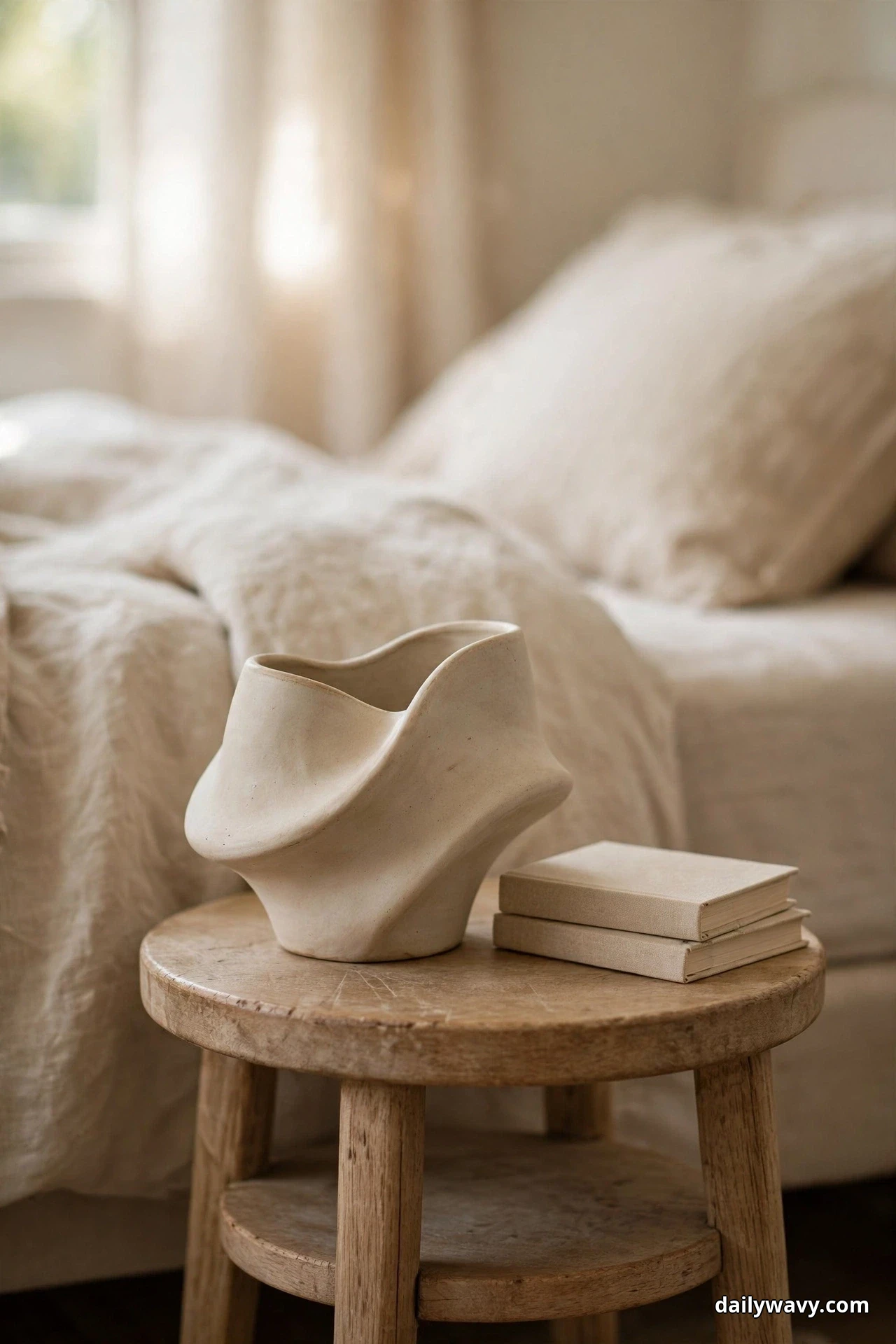 A twisted cream ceramic sculptural vessel stands on a round wooden stool with a lower shelf beside a bed dressed in cream linen bedding