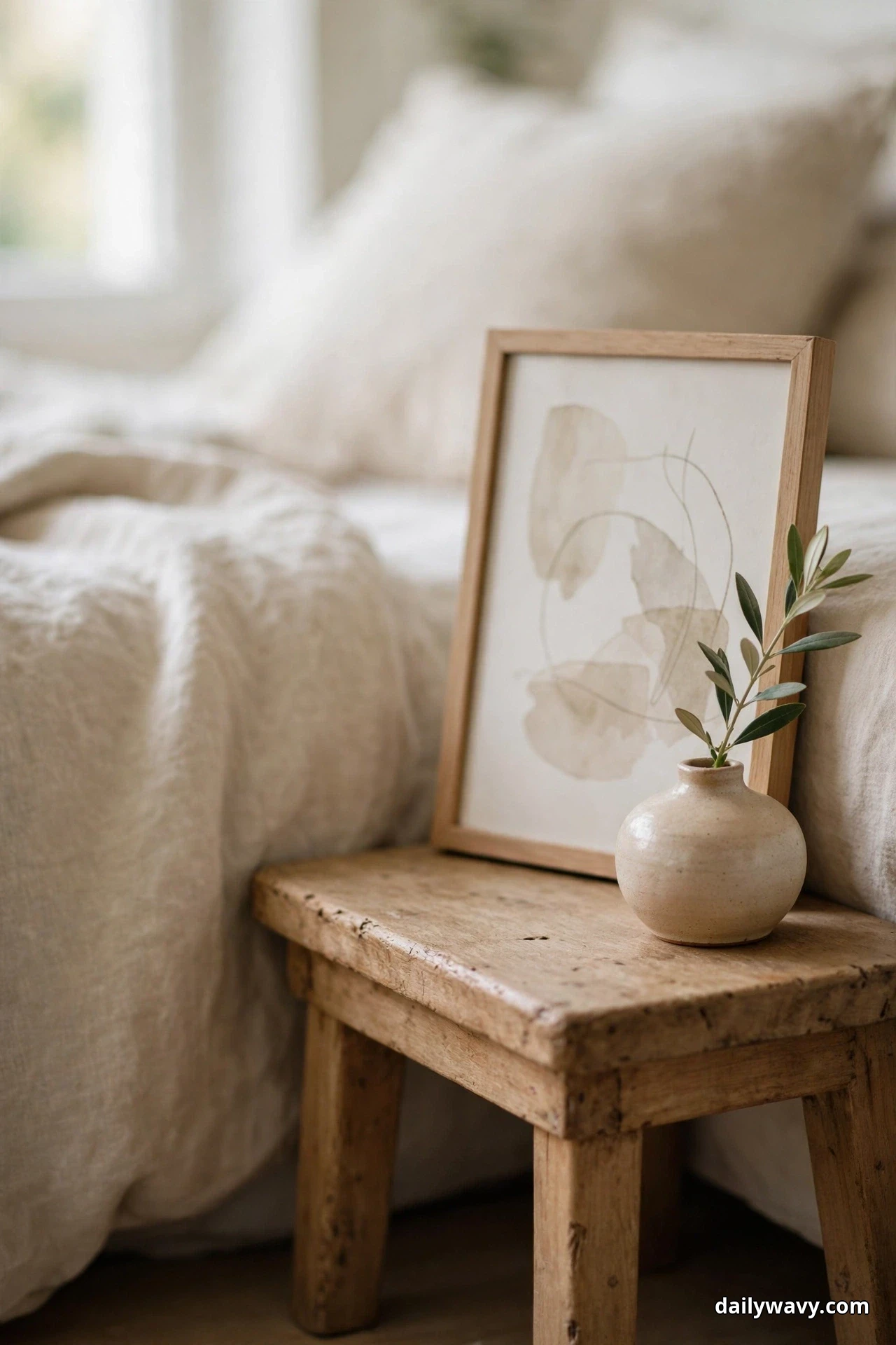 A framed abstract print leans against the wall on a rustic wooden stool with a small round ceramic vase holding a sprig of greenery in front of it, beside a bed with cream bedding