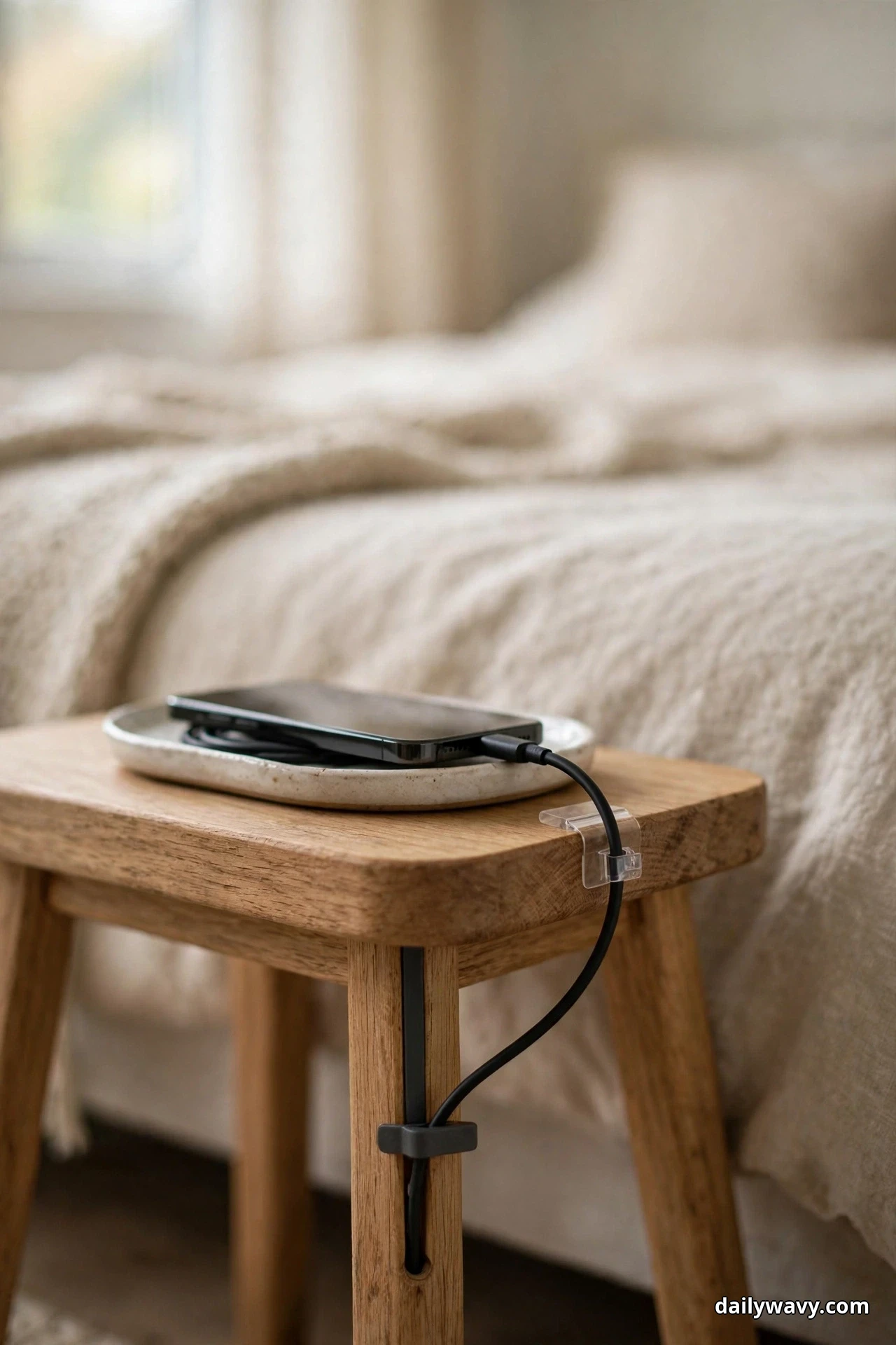 A phone rests on a small oval tray on a wooden stool while its black charging cable is clipped neatly down the front leg, beside a bed with cream bedding