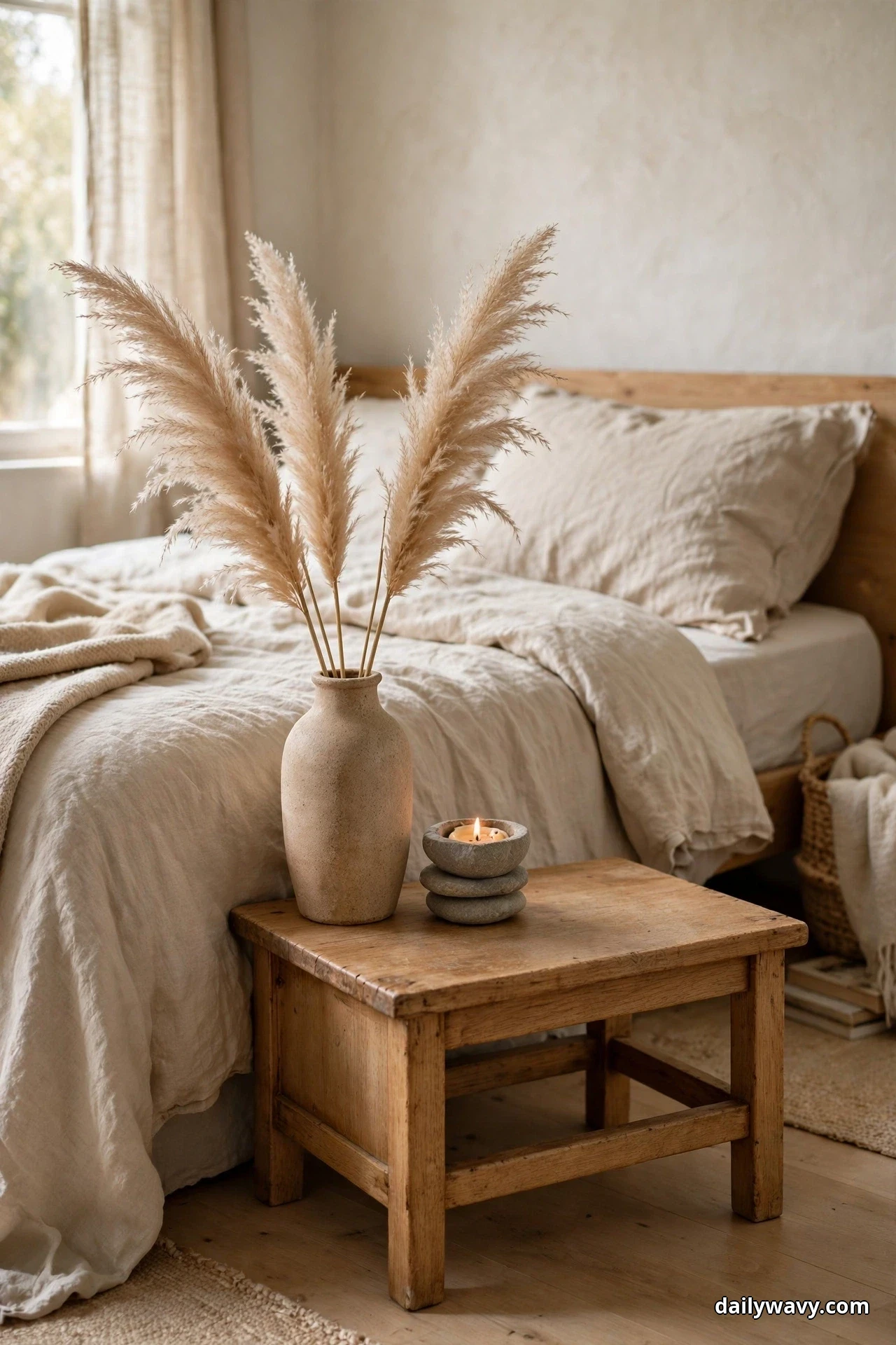 A tall ceramic vase of pampas grass and a small stacked-stone dish holding a flameless candle stand on a low wooden stool beside a bed with cream bedding