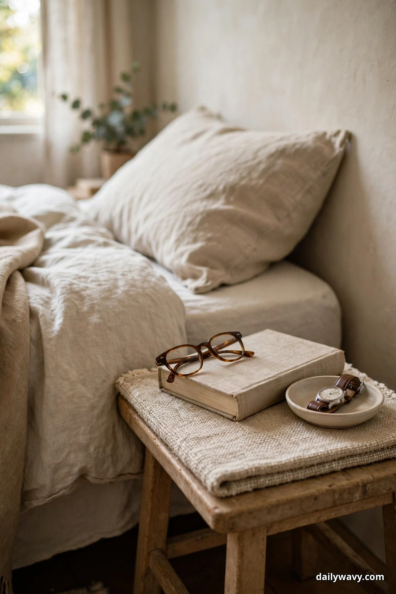 A woven fabric mat on a wooden stool holds a closed book with reading glasses resting on it and a small dish with a wristwatch, beside a bed with cream pillows