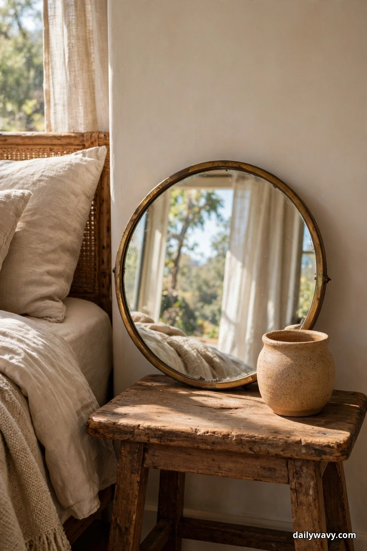 A round brass-framed mirror leans against the wall on a rustic wooden stool and reflects the window, with a small ceramic vessel in front of it beside a bed with a cane headboard