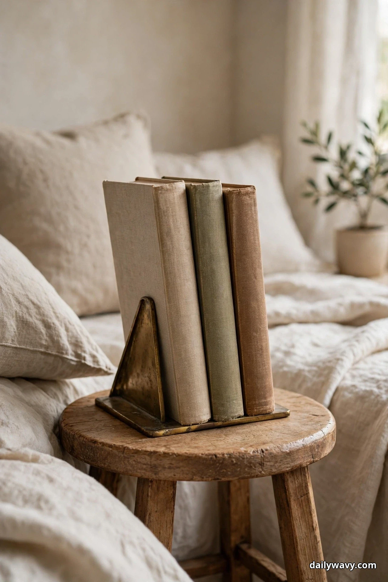 Four upright books stand in a brass bookend on a round wooden stool beside a bed with cream bedding