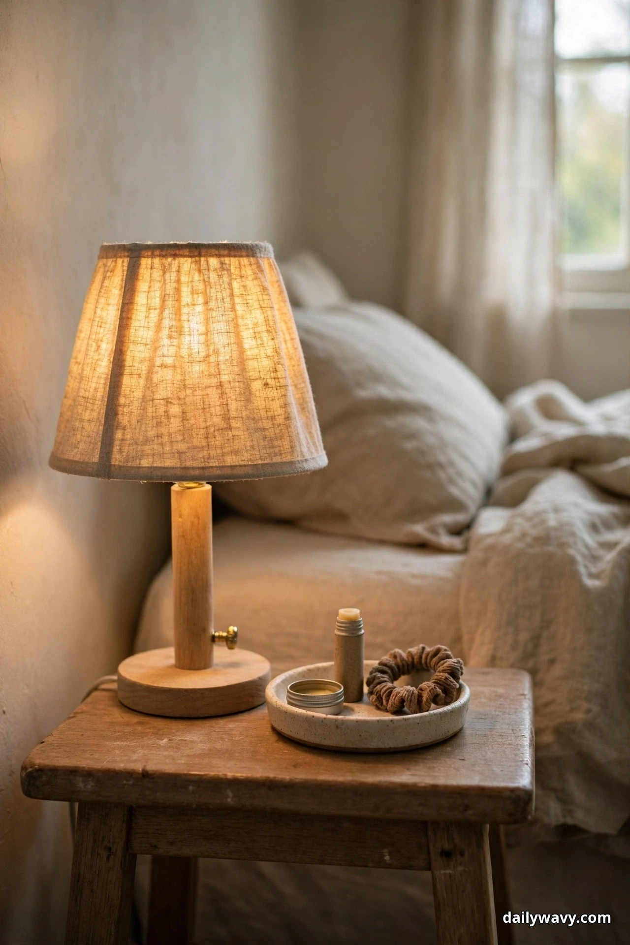 A lit table lamp with a fabric shade stands on a wooden stool beside a small round tray holding a lip balm tube and a hair tie, next to a bed with cream bedding