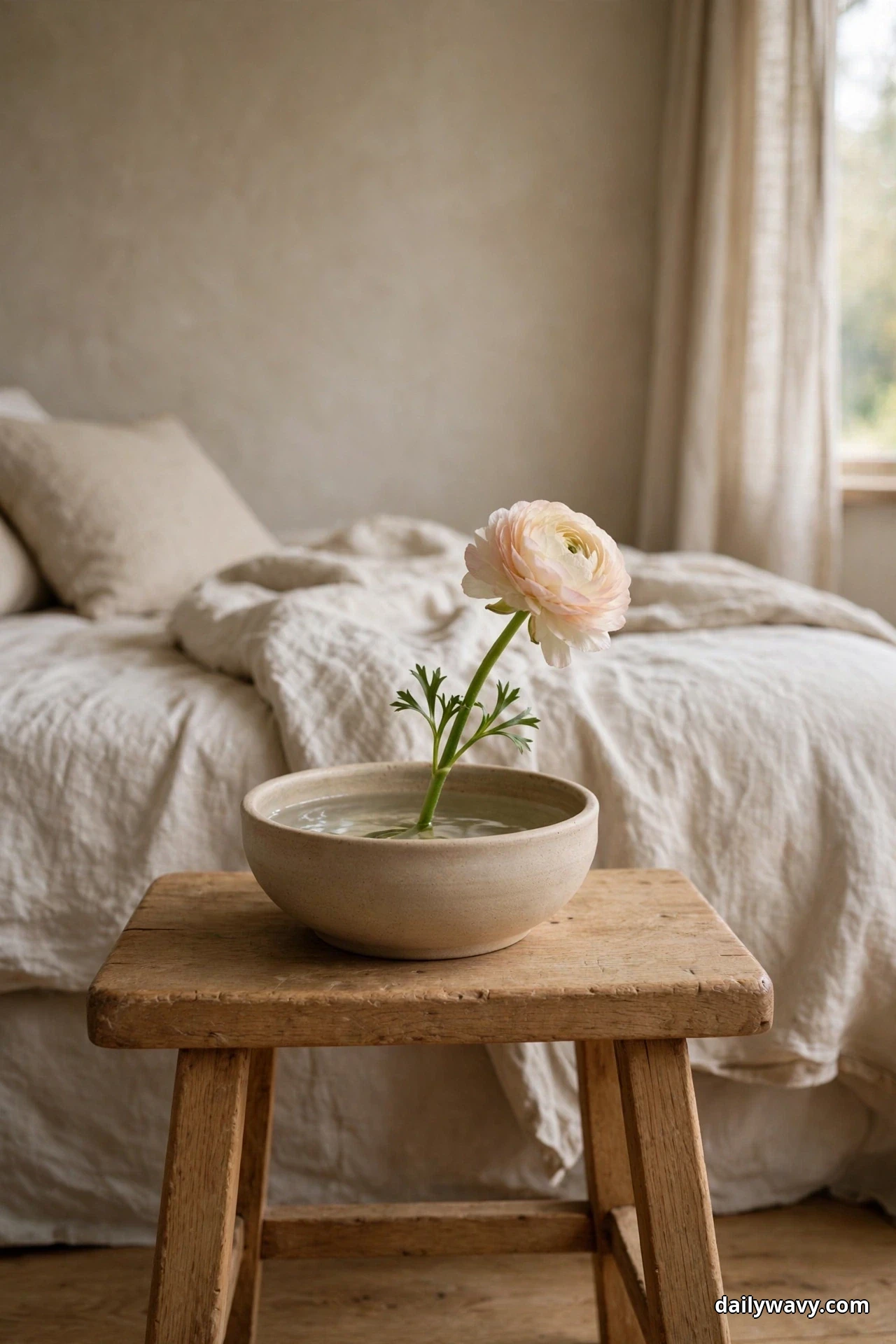 A single pale pink ranunculus stem stands in a low wide ceramic bowl of water on a wooden stool in front of a bed with rumpled cream bedding