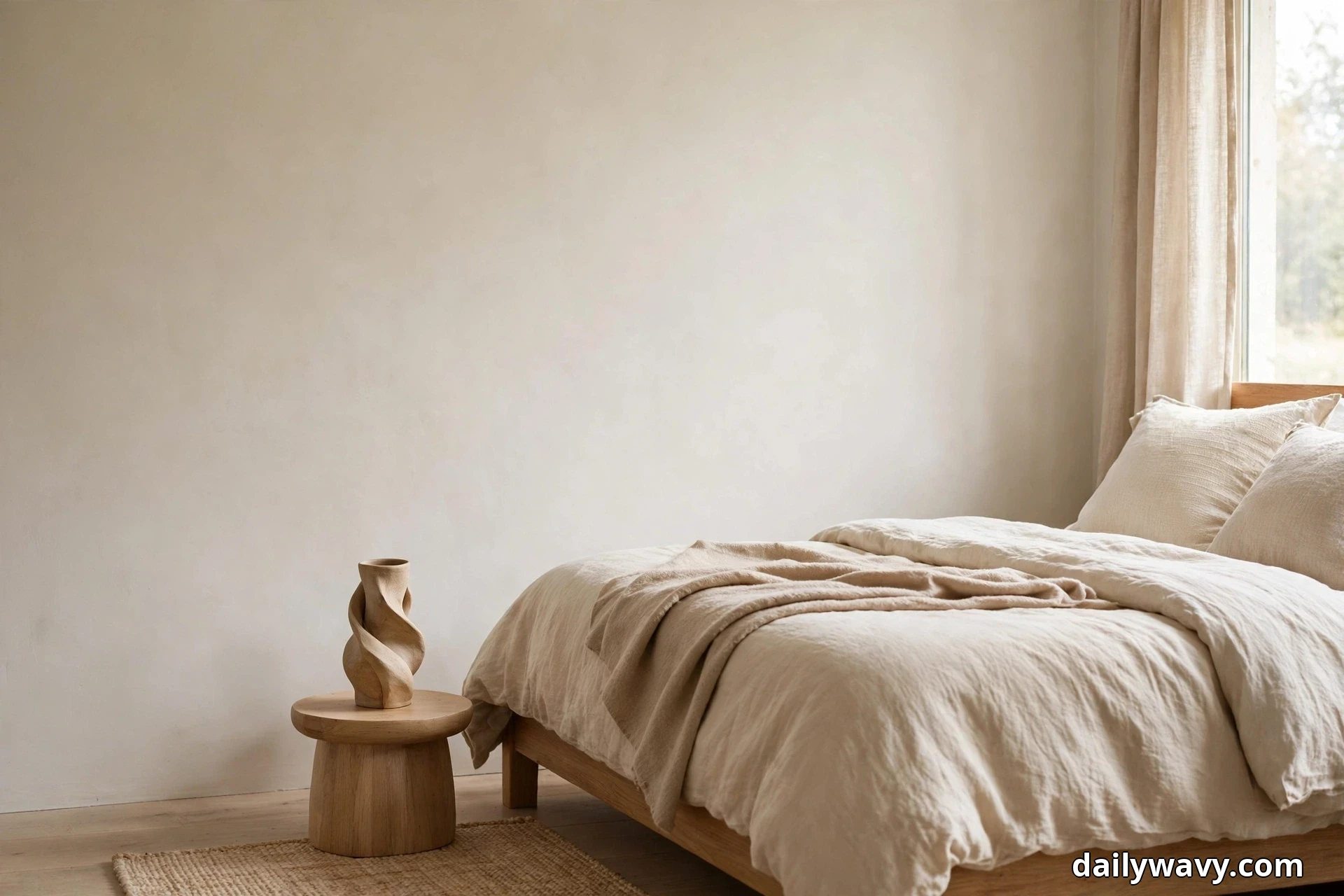 A round wooden pedestal stool holding a tall twisted sculptural vase stands on a woven rug beside a bed dressed in rumpled cream linen bedding near a tall window