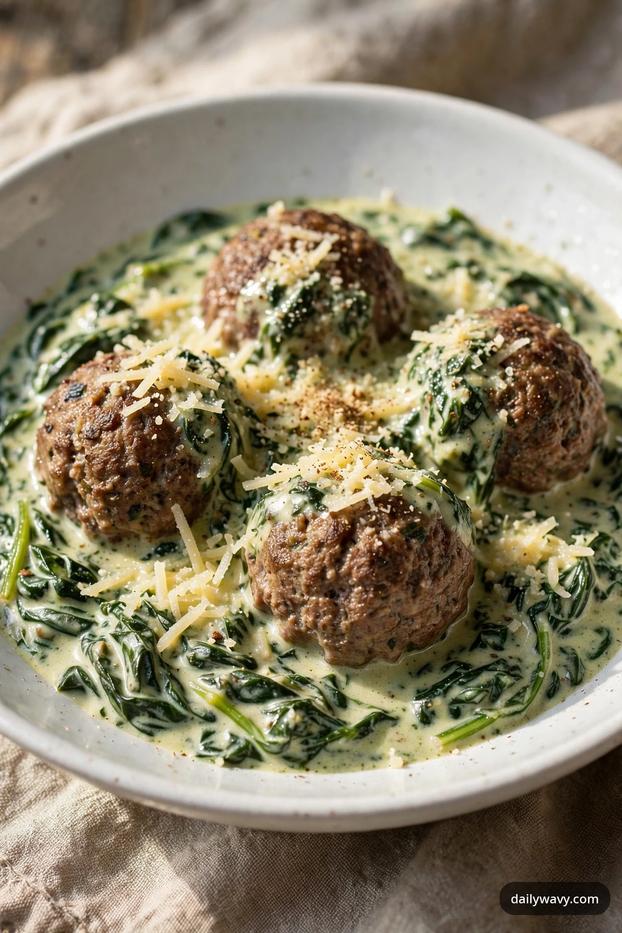Beef meatballs rest in a creamy spinach sauce dotted with wilted spinach leaves in a white bowl, with shredded Parmesan scattered over the top.