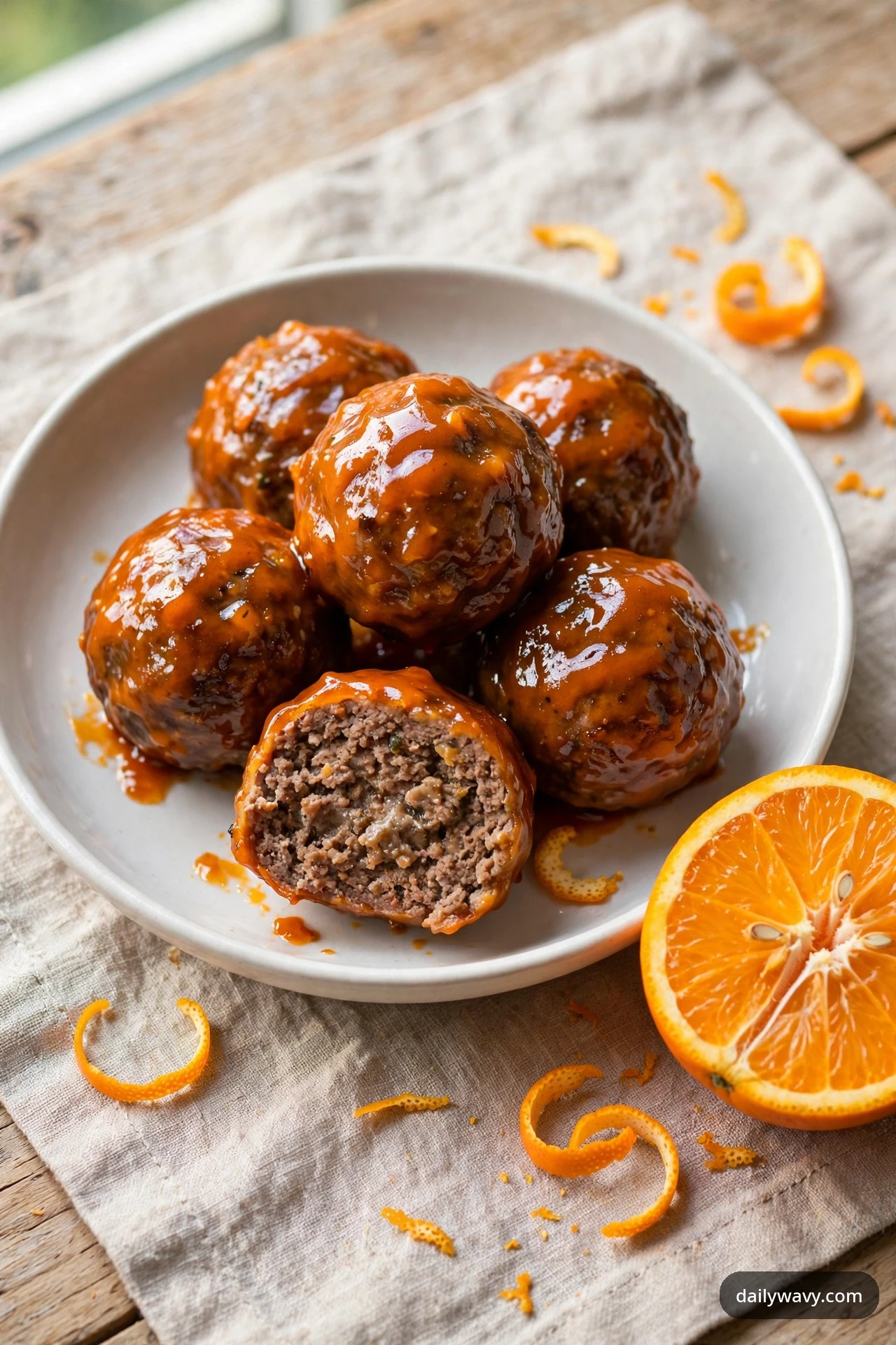 Beef meatballs in glossy orange glaze are piled in a white bowl, one cut open to show the cooked interior, with orange zest curls and a halved orange on the table.
