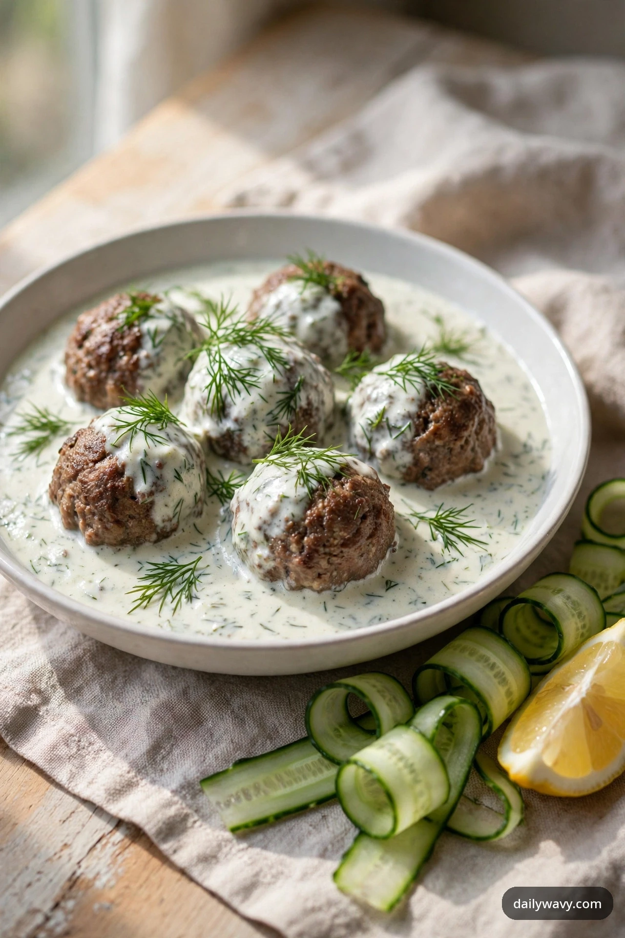 Beef meatballs rest in a creamy dill sauce in a shallow white bowl, topped with fresh dill fronds, with cucumber ribbons and a lemon wedge beside the bowl.
